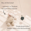 Load image into Gallery viewer, Tierheim Katze spielt mit Katzenangel mit Holzgriff, flexiblem Metalldraht und Makramee-Anhänger aus Baumwolle mit Glöckchen – handgefertigt in Deutschland, nachhaltig & plastikfrei.