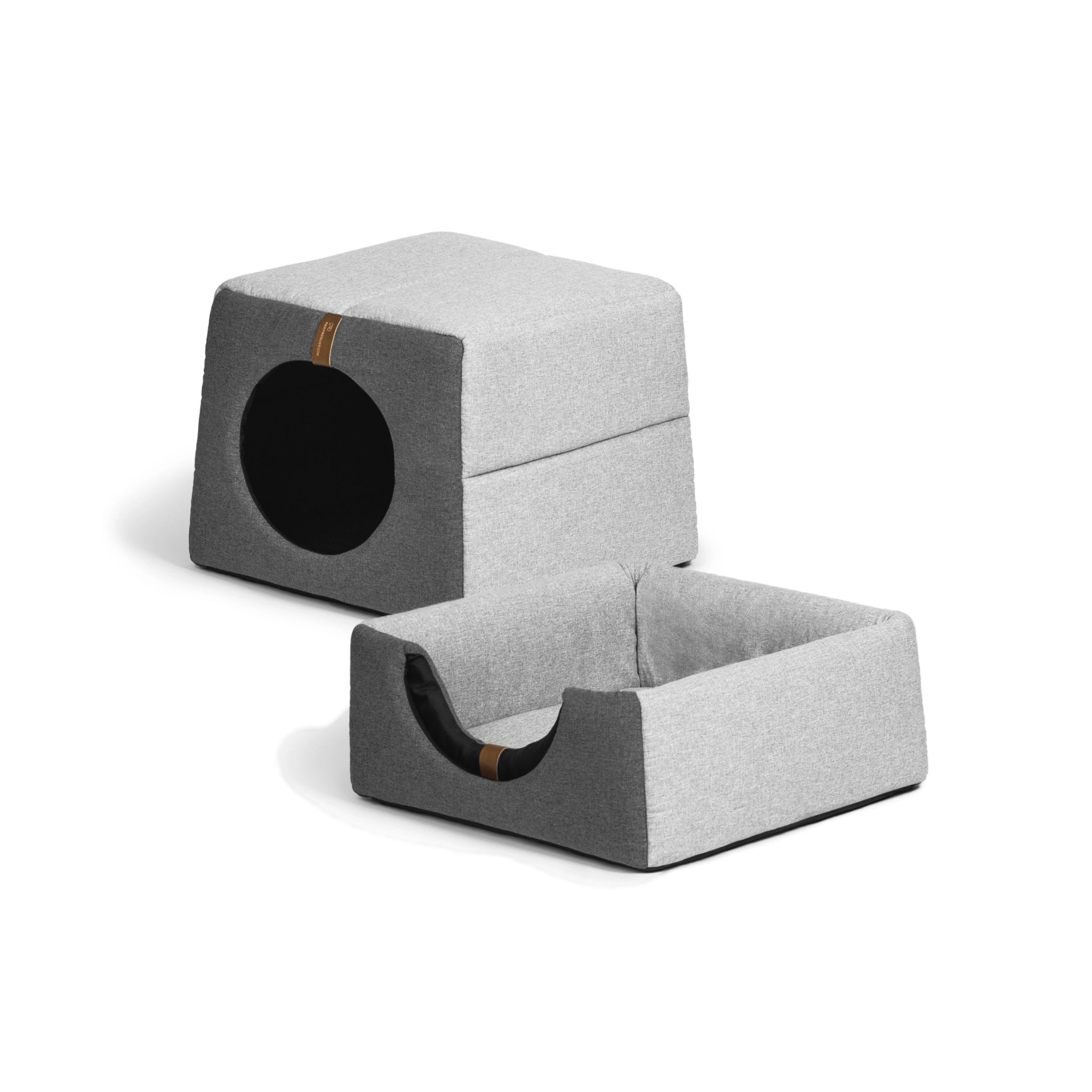 Graues 2-in-1 Haustierbett von Rexproduct aus robustem Stoff – wandelbar zwischen geschlossener Höhle und offenem Liegeplatz, modernes minimalistisches Design.