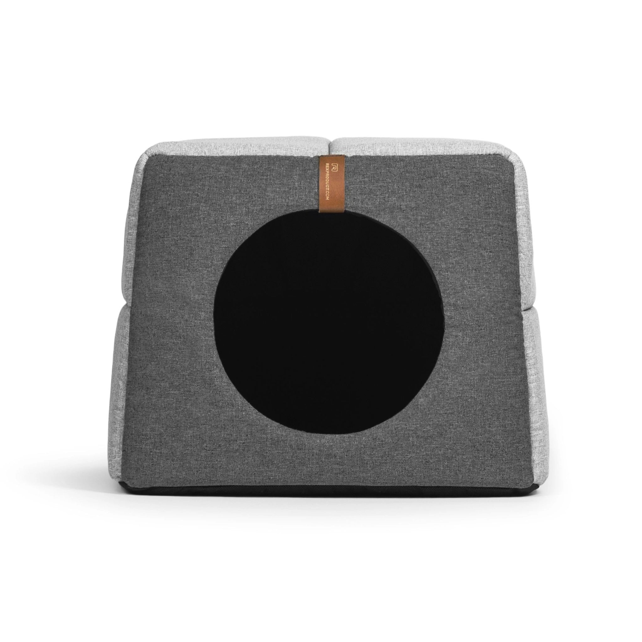 Graues 2-in-1 Haustierbett von Rexproduct aus robustem Stoff – wandelbar zwischen geschlossener Höhle und offenem Liegeplatz, modernes minimalistisches Design.