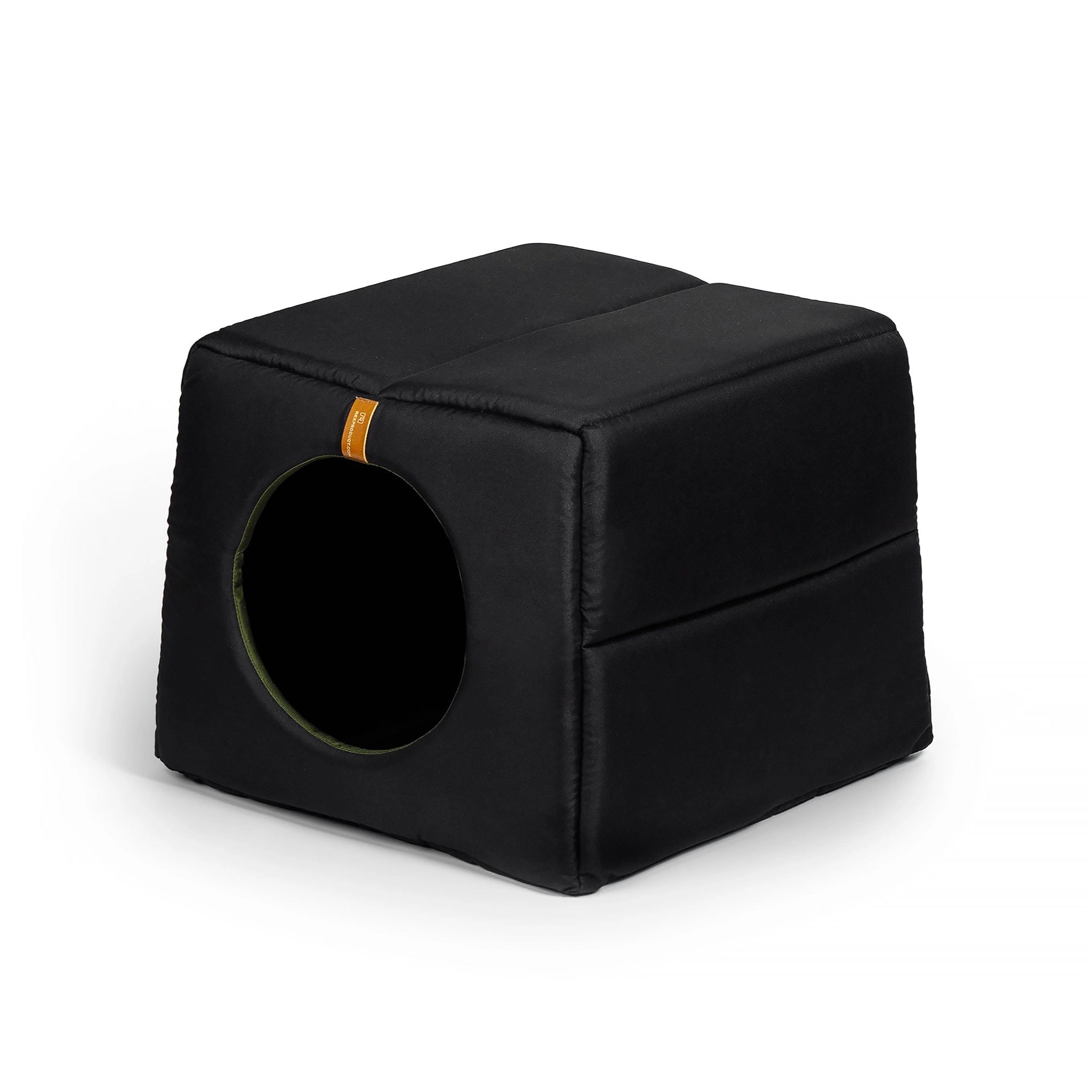 schwarzes 2-in-1 Haustierbett von Rexproduct aus robustem Stoff – wandelbar zwischen geschlossener Höhle und offenem Liegeplatz, modernes minimalistisches Design. Ansicht: seitlich