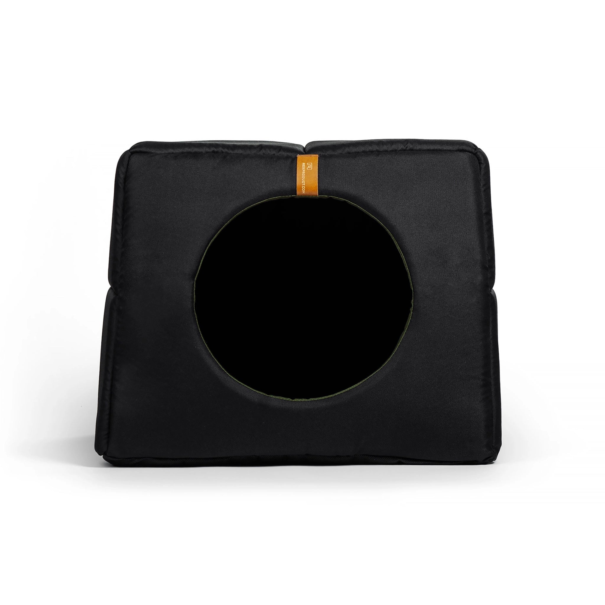 schwarzes 2-in-1 Haustierbett von Rexproduct aus robustem Stoff – wandelbar zwischen geschlossener Höhle und offenem Liegeplatz, modernes minimalistisches Design. Ansicht: Höhle