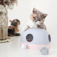 Load image into Gallery viewer, Katze sitzt hinter 3-in-1 Katzenspielzeug in Graublau und Rosé mit austauschbaren Spielmodi – Labyrinth, Kugelbahn und Jagdspiel in einem, interaktives und langlebiges Katzenspielzeug.
