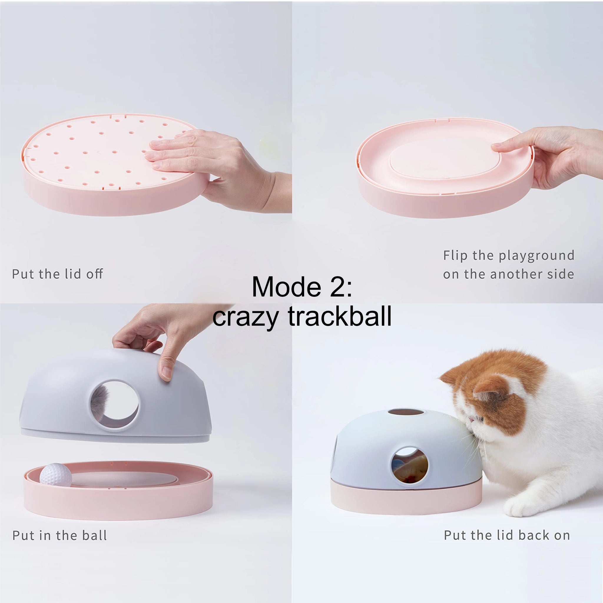 Modus 2: 3-in-1 Katzenspielzeug in Graublau und Rosé mit austauschbaren Spielmodi – Labyrinth, Kugelbahn und Jagdspiel in einem, interaktives und langlebiges Katzenspielzeug.