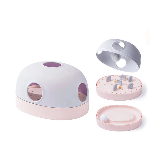 3-in-1 Katzenspielzeug in Graublau und Rosé mit austauschbaren Spielmodi – Labyrinth, Kugelbahn und Jagdspiel in einem, interaktives und langlebiges Katzenspielzeug.