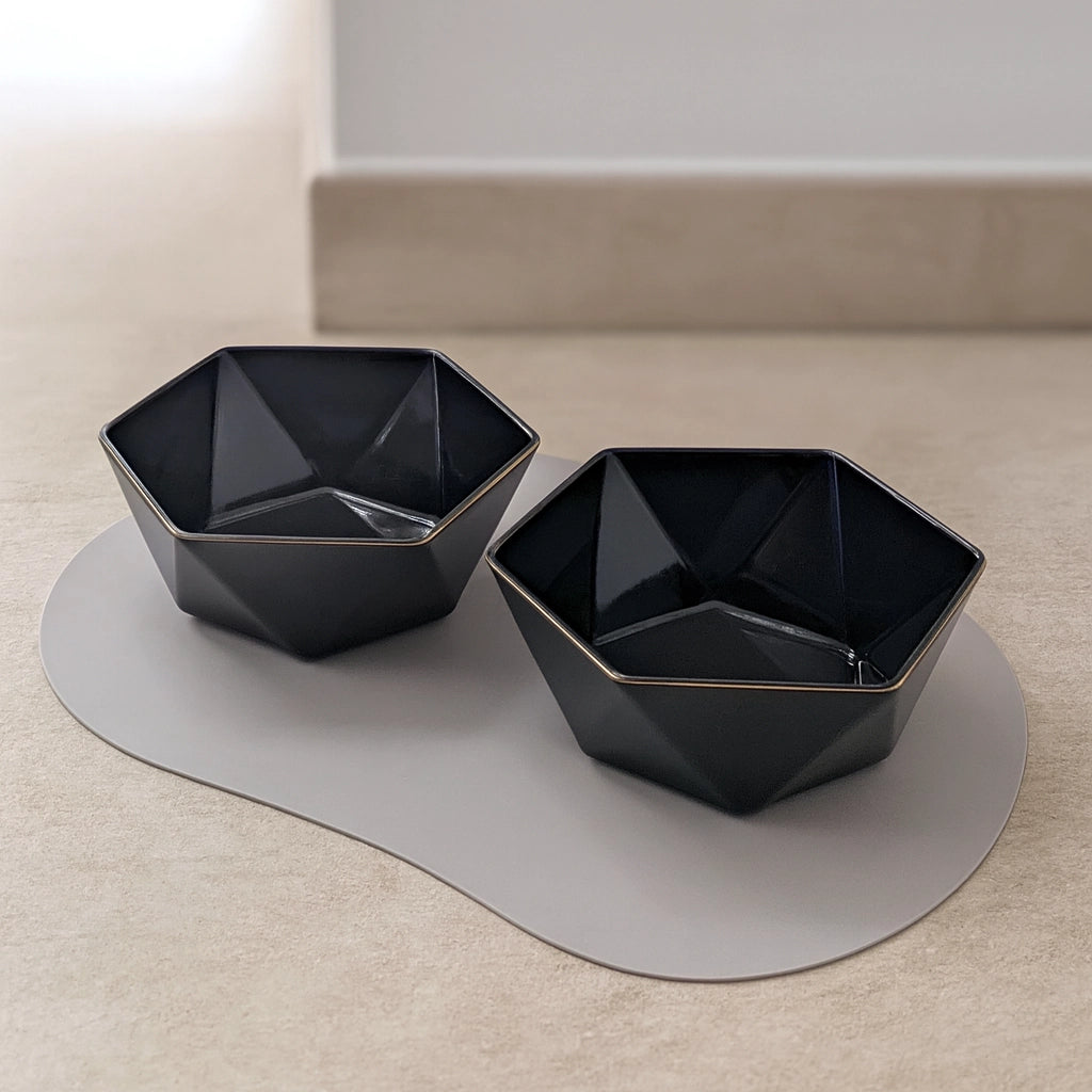 Zwei schwarze, sechseckige Porzellan-Futternäpfe für Hunde und Katzen die auf einemrgrauen Napfunterlage stehen, modernes Design mit glänzender Oberfläche.