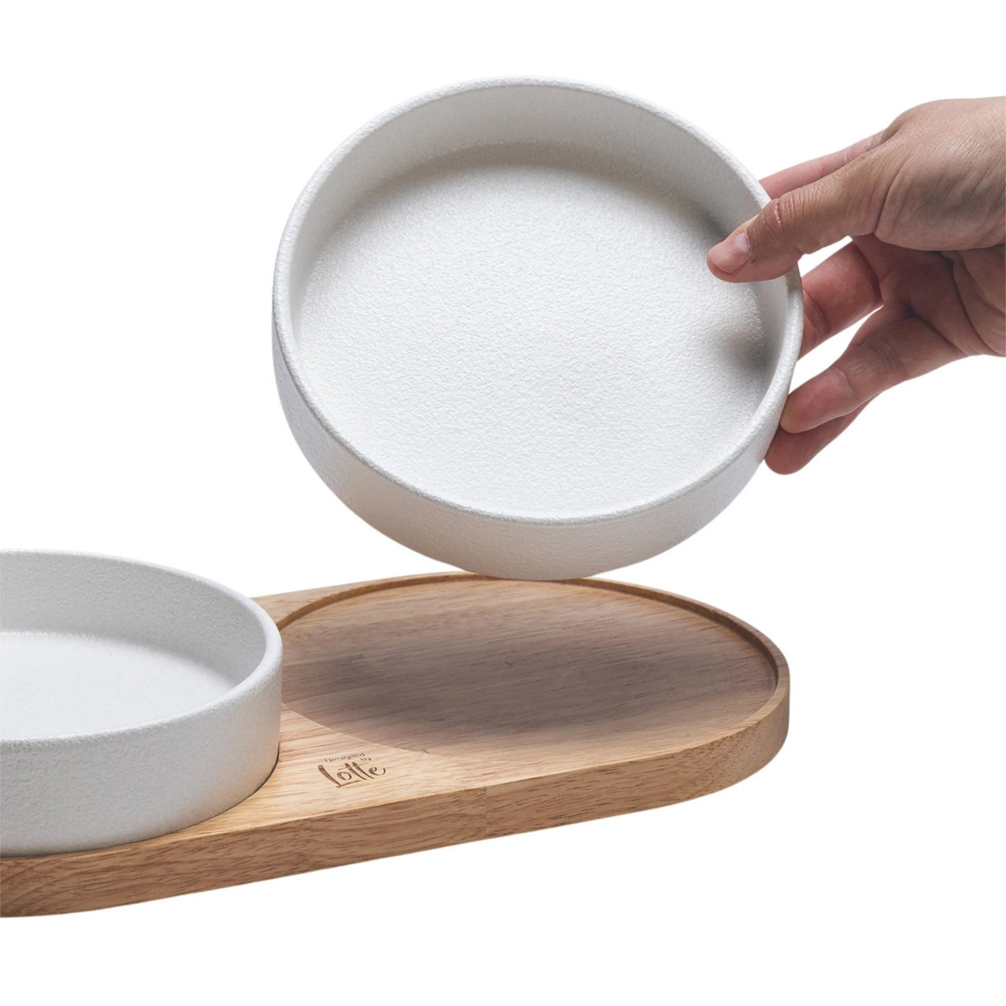 Modernes Katzen-Dinnerset aus Keramik und Holz