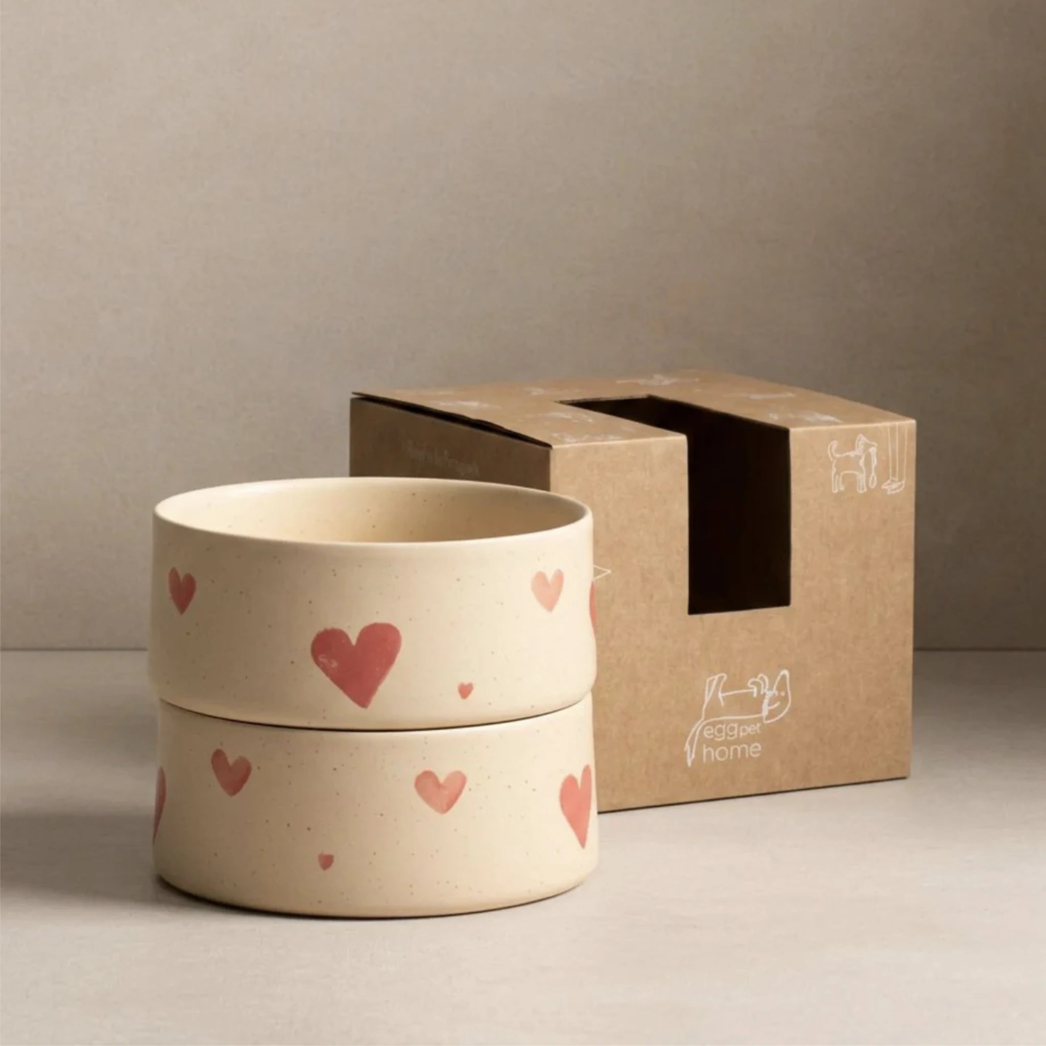 2er Set Handgefertigter Keramik-Hundenapf „Cozy Hearts“ aus Steinzeug