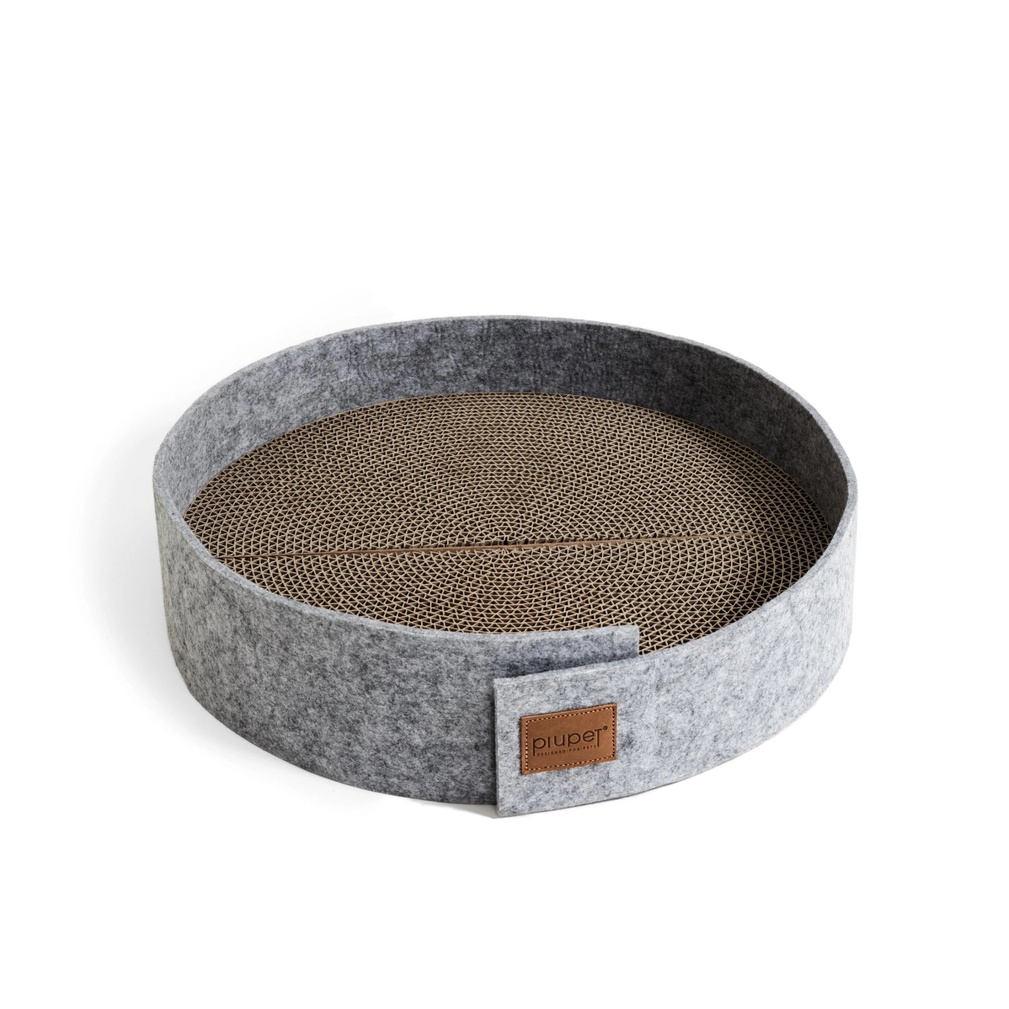 Rundes 2-in-1 Kratzbett aus Filz und recycelter Pappe in Grau – mit Katzenminze.
