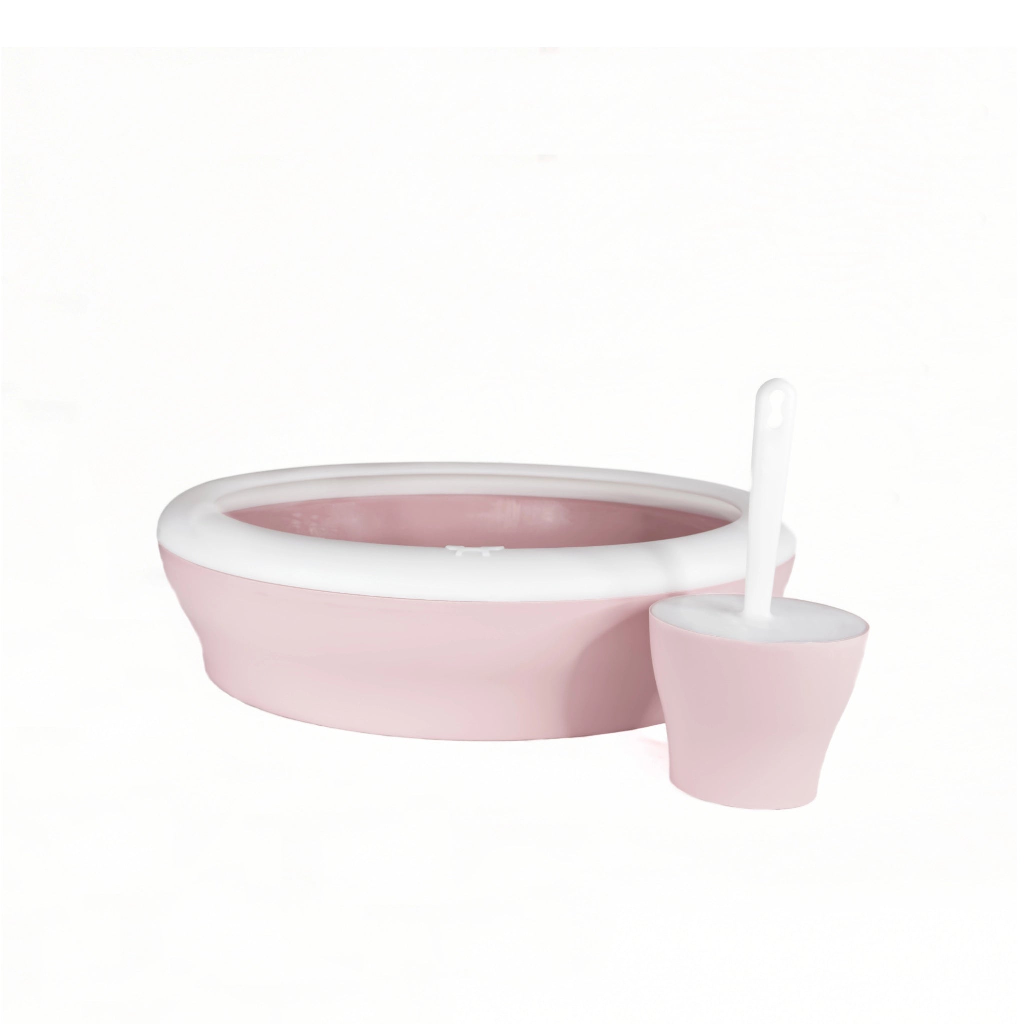 Design-Katzenklo-Set in Rosa mit passender Schaufel und Halter – hochwertig gefertigt in Italien.