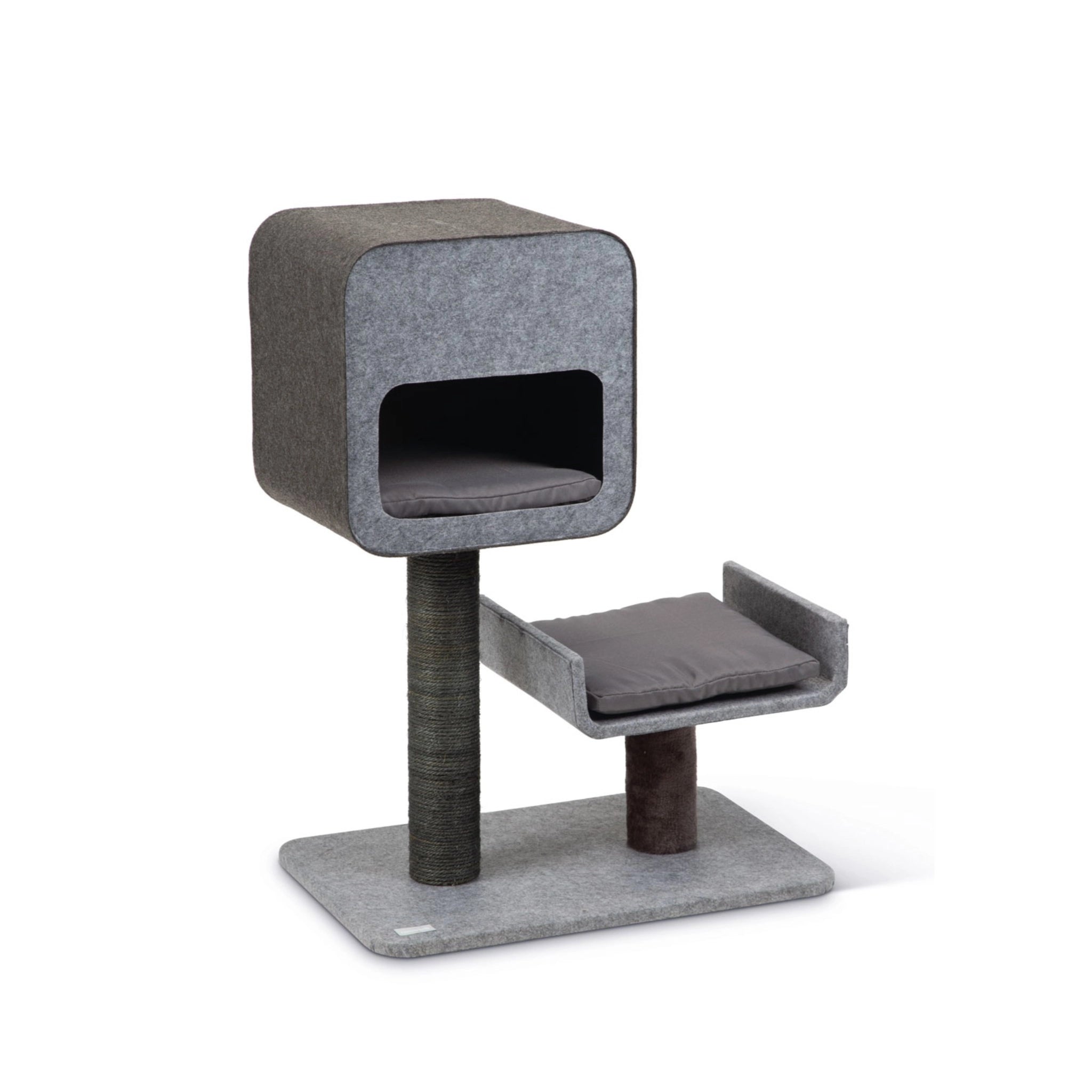 Moderner grauer Kratzbaum mit Filzverkleidung, Liegefläche und Höhle, ideal zum Schlafen, Klettern und Krallenwetzen.