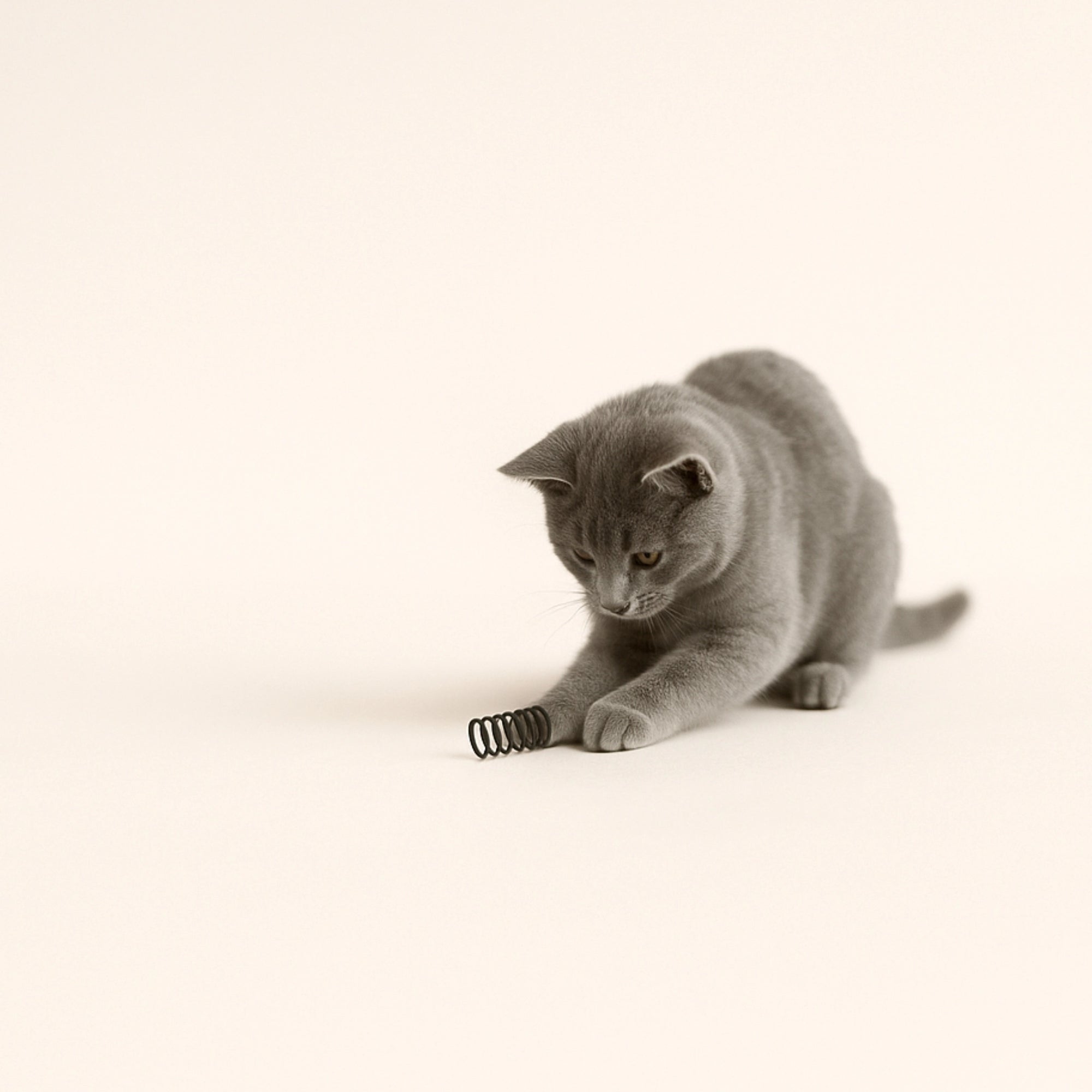 Katze spielt mit Drei Katzenspiralen in Grau und Schwarz – langlebiges, geräuscharmes Katzenspielzeug aus Frankreich im minimalistischen Design.