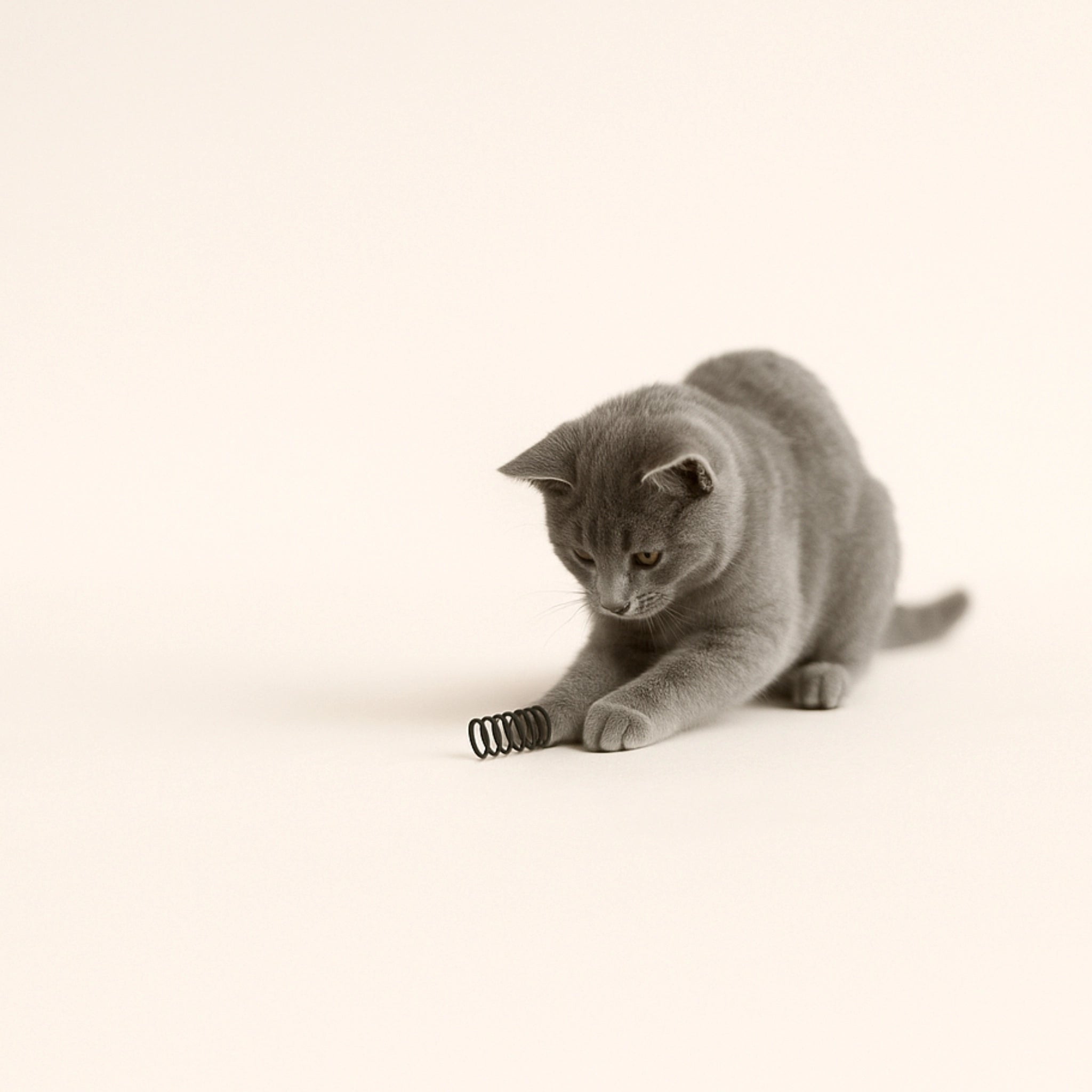 Katze spielt mit Drei Katzenspiralen in Grau und Schwarz – langlebiges, geräuscharmes Katzenspielzeug aus Frankreich im minimalistischen Design.