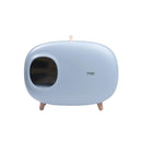 Offenes Designer-Katzenklo in Blau mit herausnehmbarem Innenfach und Katze im Inneren.