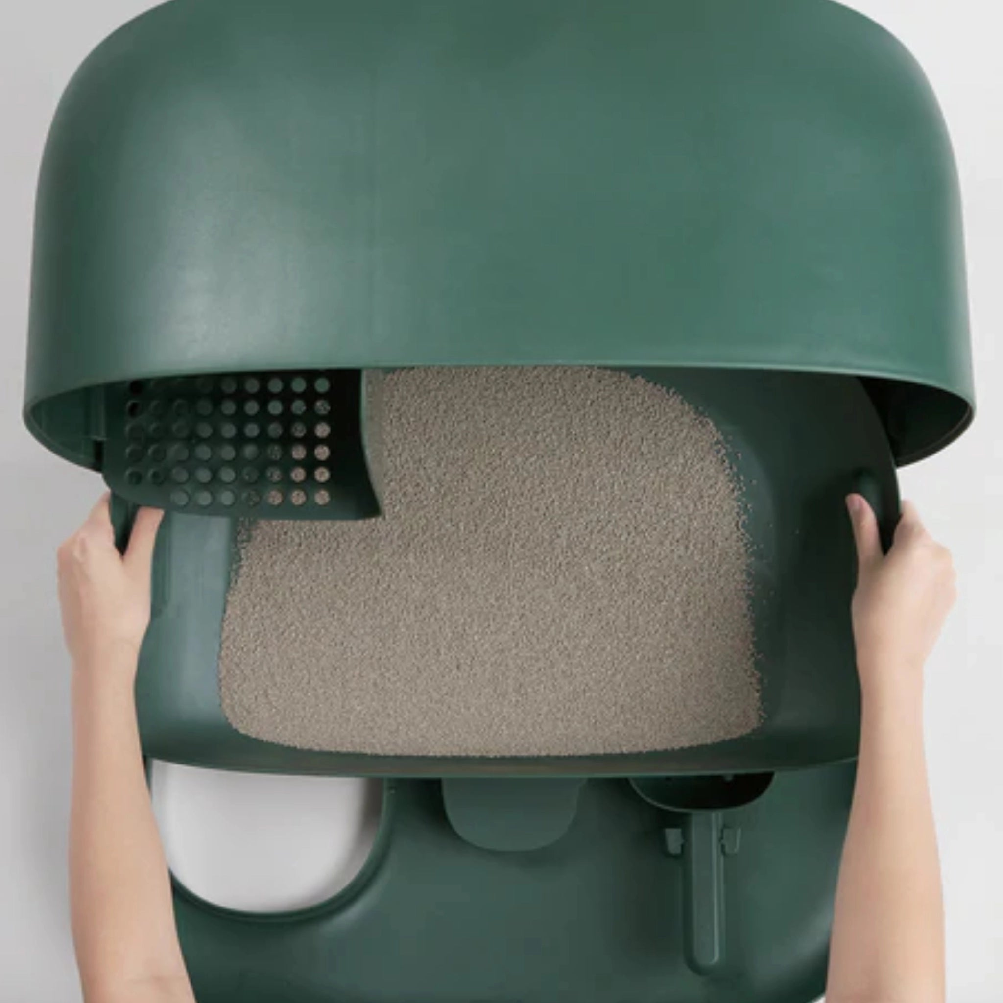 Offenes Designer-Katzenklo in Grün mit herausnehmbarem Innenfach.