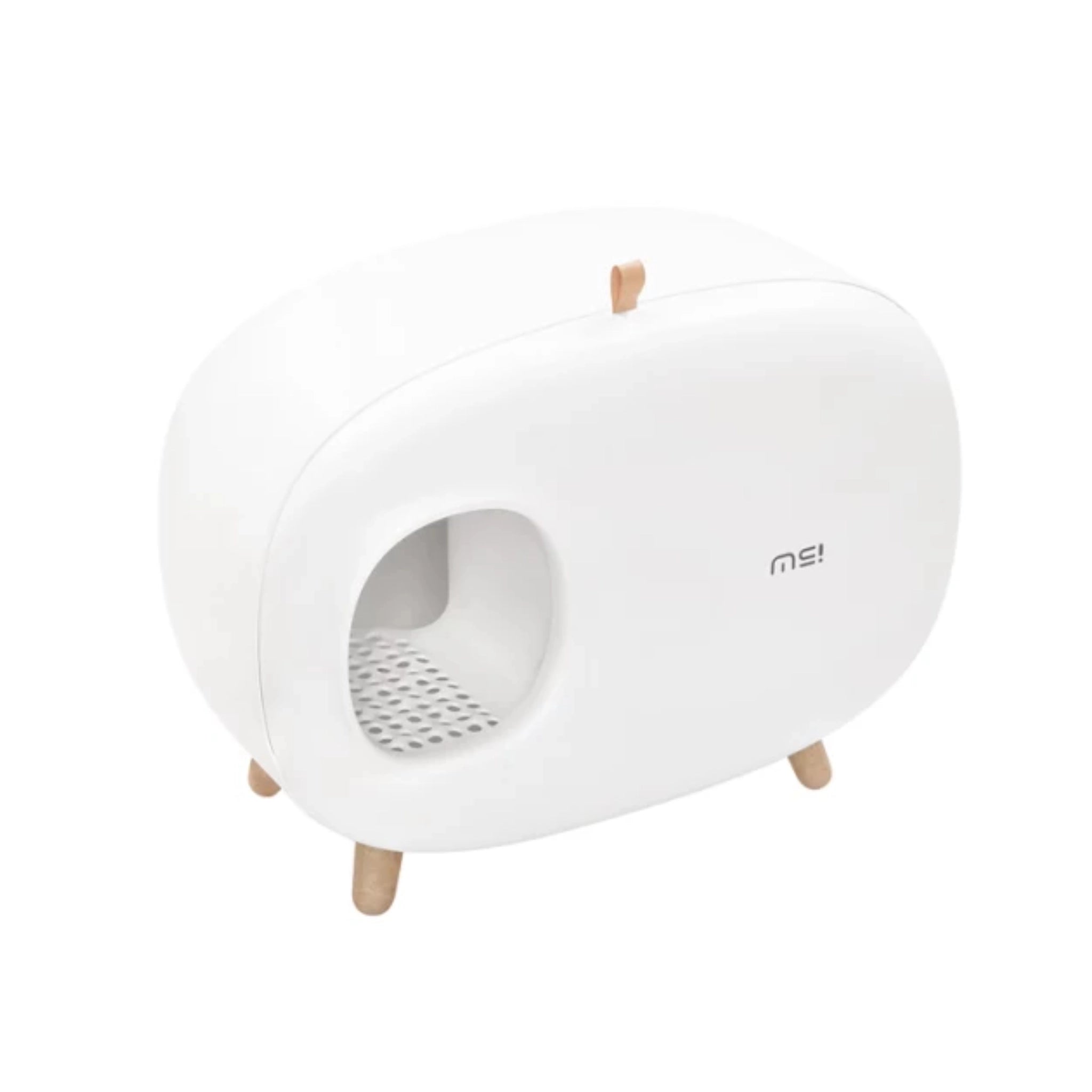 Offenes Designer-Katzenklo in Weiß von der Seite mit herausnehmbarem Innenfach .