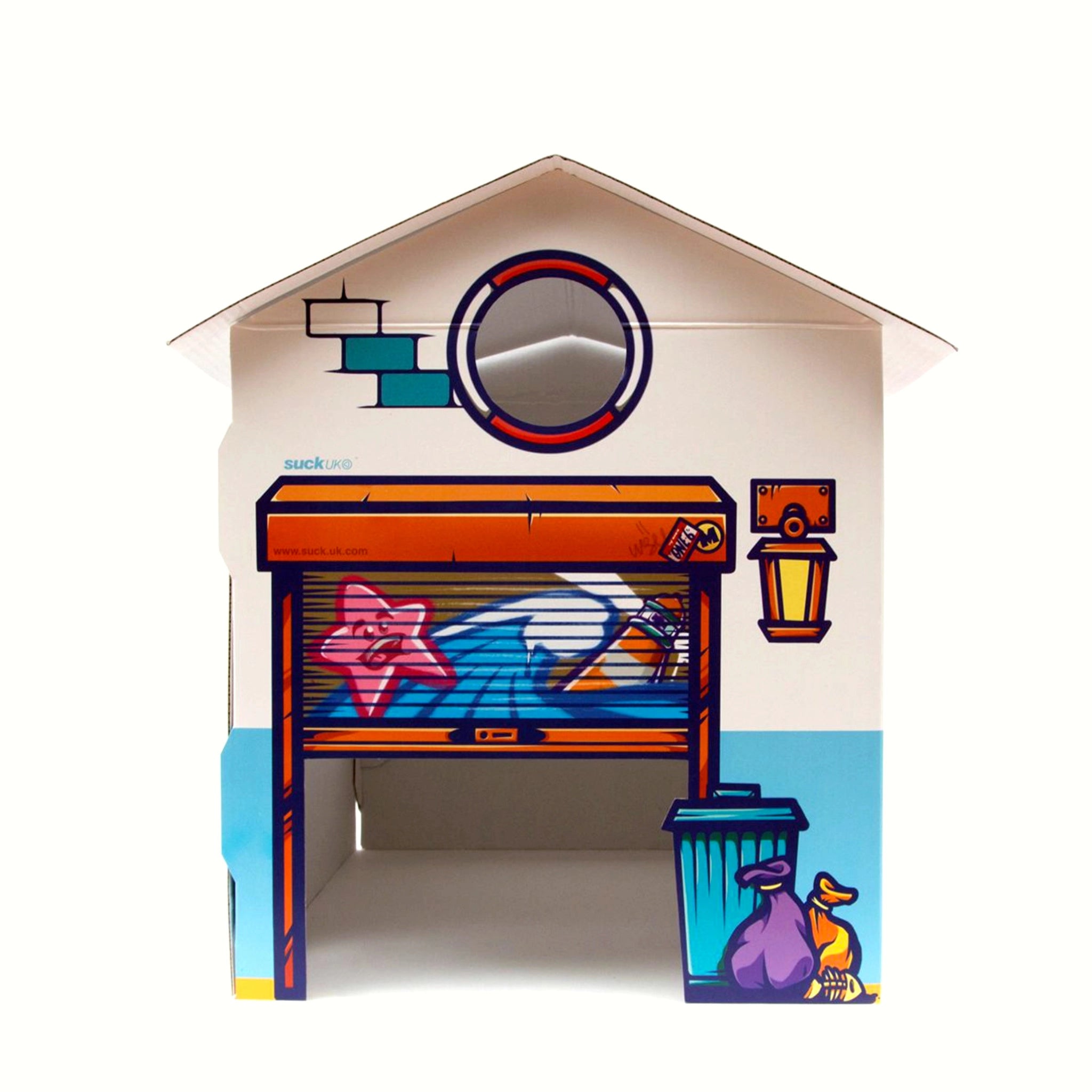 Geräumiges Katzenhaus „Fish Bar“ aus Karton – nachhaltig, verspielt & ideal zum Spielen und gemütlich Liegen für Katzen. Ansicht von hinten.