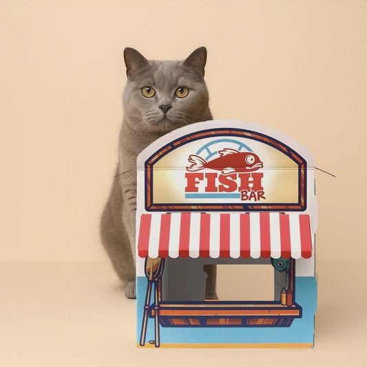 Katze sitzt hinter Geräumiges Katzenhaus „Fish Bar“ aus Karton – nachhaltig, verspielt & ideal zum Spielen und gemütlich Liegen für Katzen.