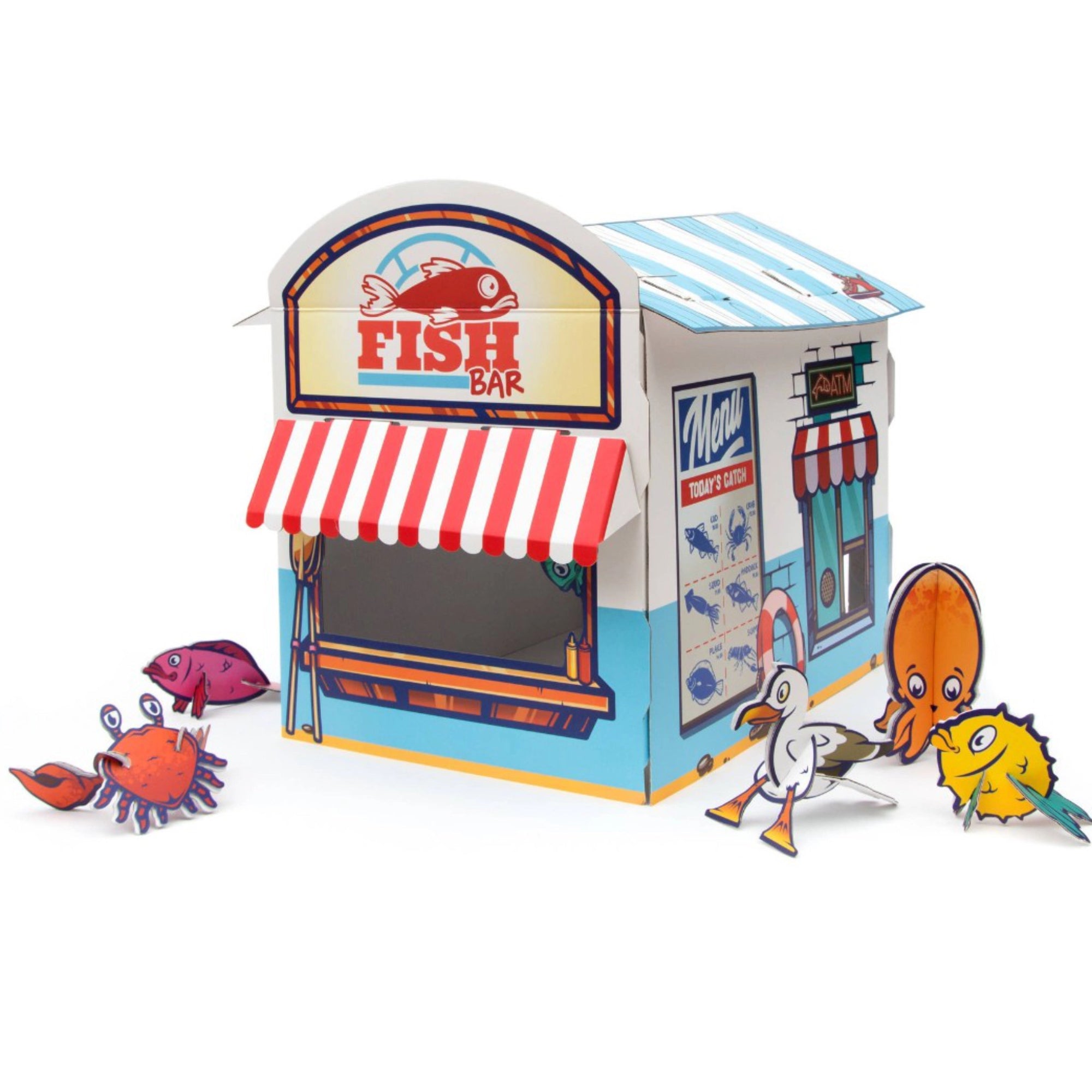 Geräumiges Katzenhaus „Fish Bar“ aus Karton – nachhaltig, verspielt & ideal zum Spielen und gemütlich Liegen für Katzen. Inklusive Spielzeug Meerestiere 