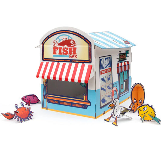 Geräumiges Katzenhaus „Fish Bar“ aus Karton – nachhaltig, verspielt & ideal zum Spielen und gemütlich Liegen für Katzen. Inklusive Spielzeug Meerestiere 