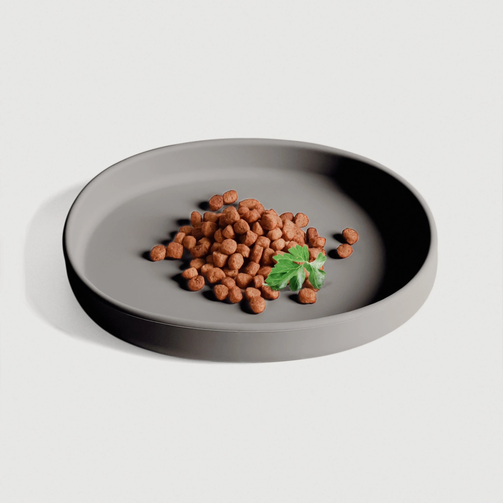 Flacher Silikon-Futternapf schnurrhaarfreundlich – rutschfest & modern mit Trockenfutter in dunkelgrau.