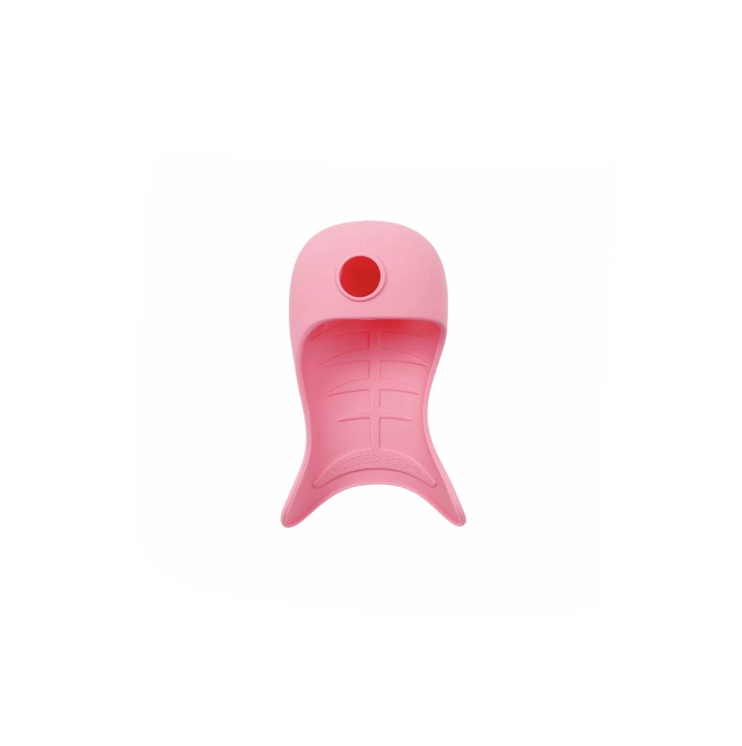 Katzentrinkspender für Wasserhahn in Türkis – flexibler Silikonaufsatz, rosa und Ansicht von oben.