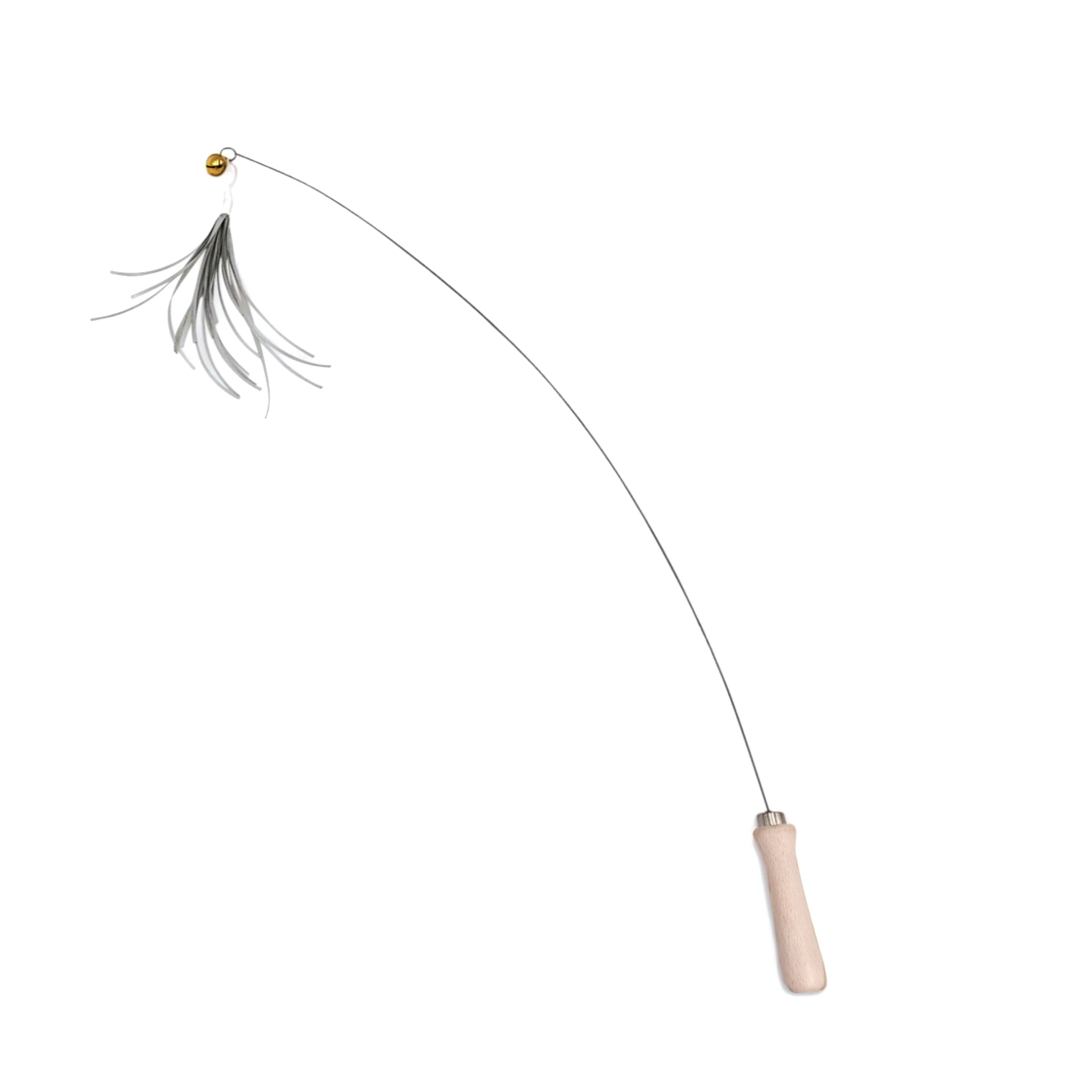 Katzenangel mit Holzgriff, flexiblem Metalldraht und feinen Bändern – handgefertigtes Katzenspielzeug aus natürlichen Materialien, nachhaltig produziert.