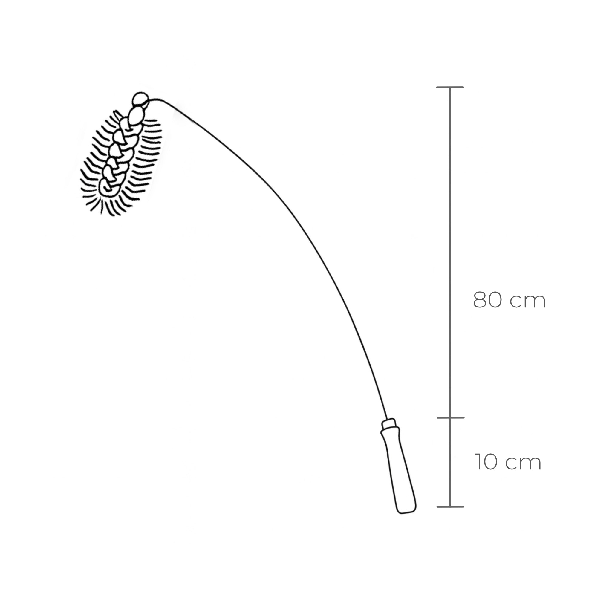 Abmessungen einer Katzenangel mit Holzgriff, flexiblem Metalldraht und Makramee-Anhänger aus Baumwolle mit Glöckchen – handgefertigt in Deutschland, nachhaltig & plastikfrei.