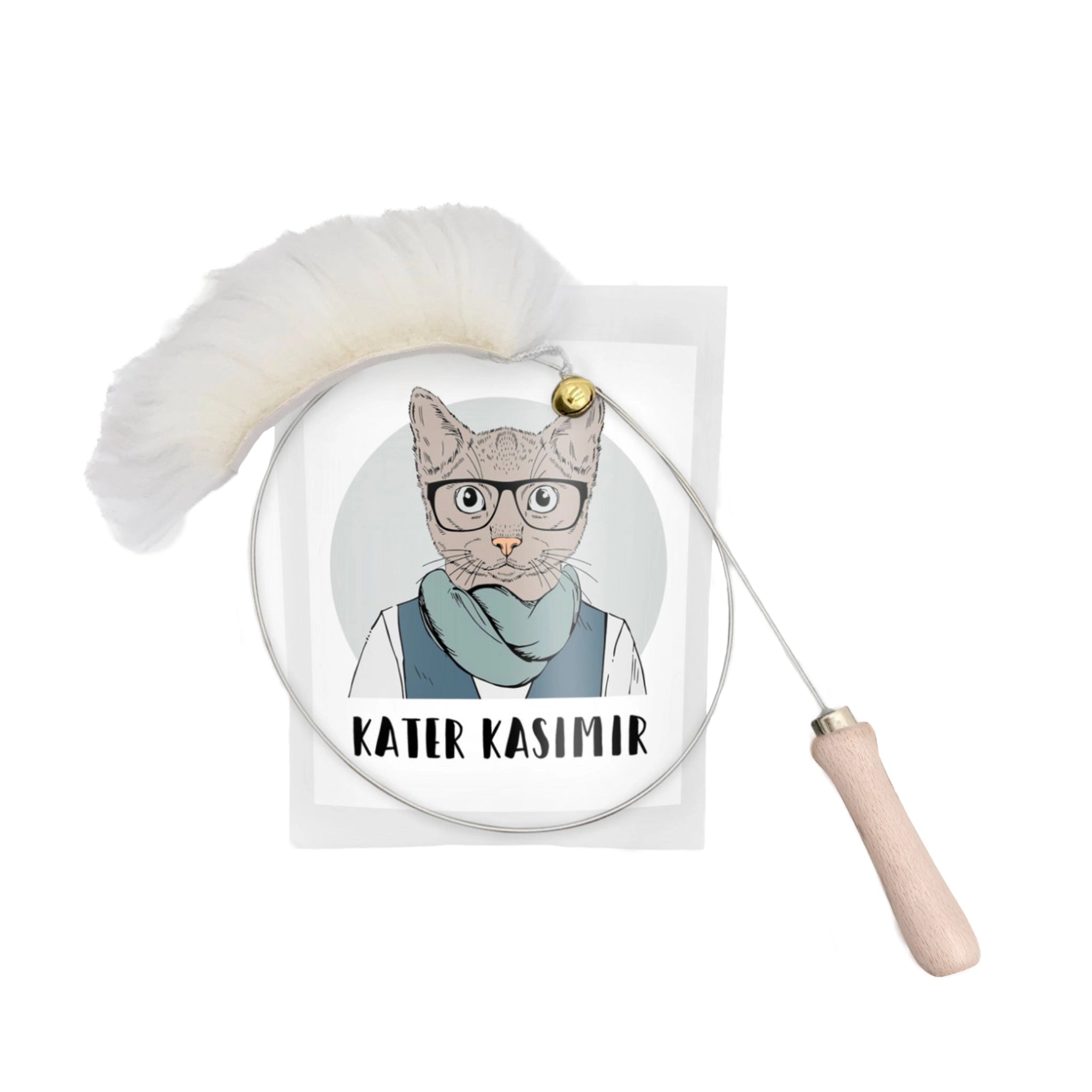 Katzenangel von Kater Kasimir mit Holzgriff, flexiblem Metalldraht und Schaffell-Anhänger mit Glöckchen – handgefertigtes Katzenspielzeug aus natürlichen Materialien, nachhaltig produziert.