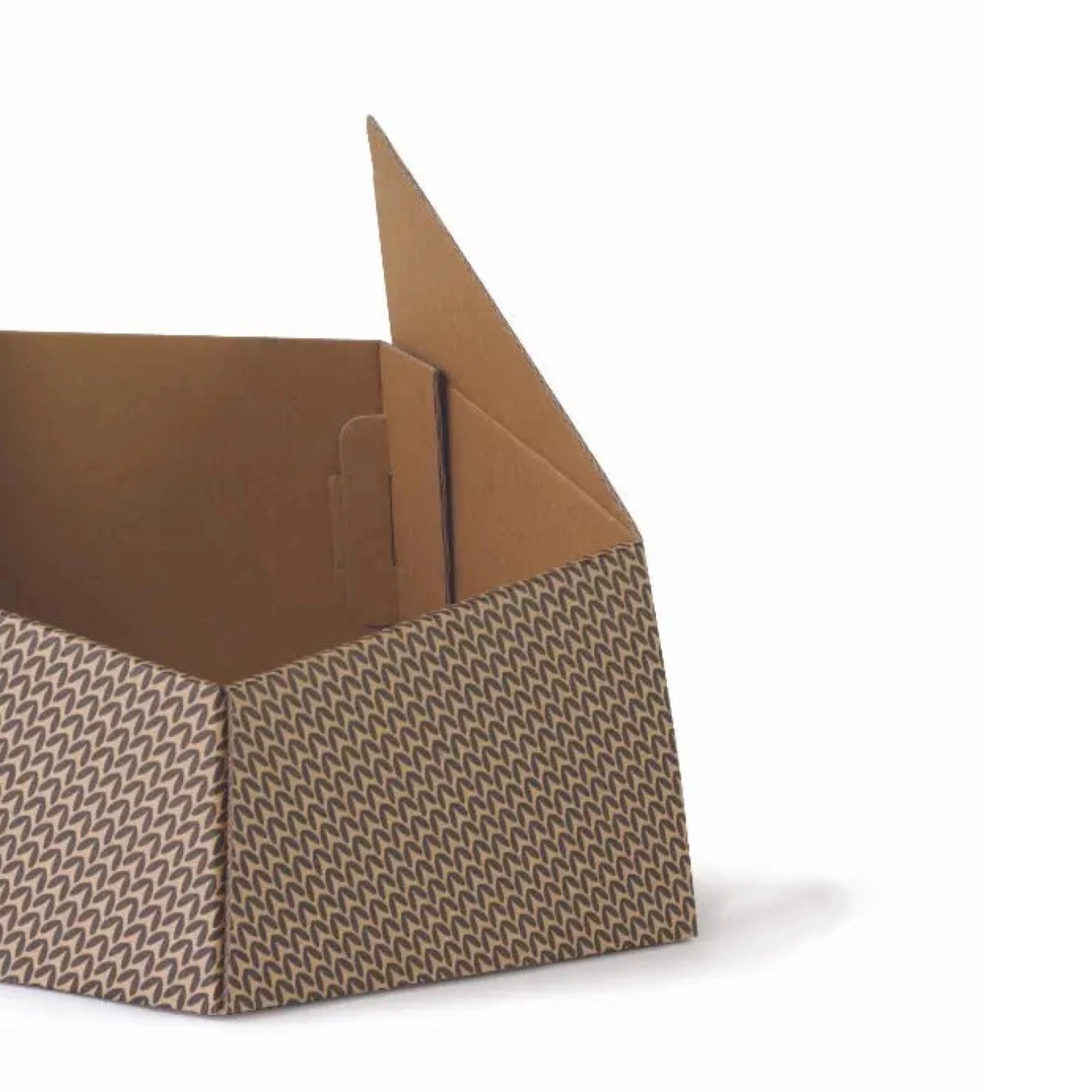 Nahaufnahme des Karton-Katzenkorbs – robuste Struktur und modernes Muster.