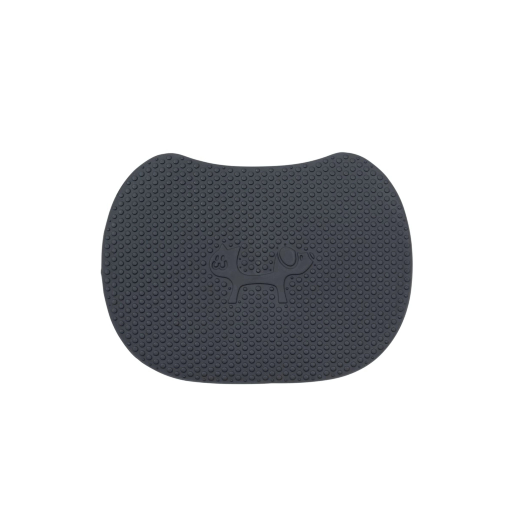 schwarze Katzenstreumatte mit Struktur und geprägtem Tiermotiv – rutschfest & pflegeleicht.