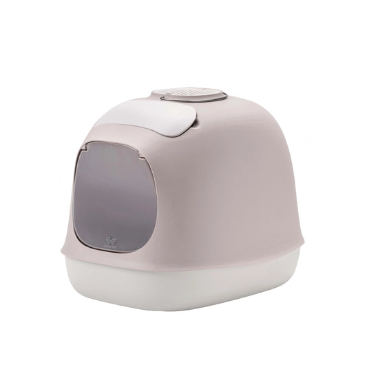 Design-Katzentoilette ‚Minù‘ inWeiß/Grau mit Deckelfach, Schaufel und Kotbeutelrolle – modernes Katzenklo Made in Italy.“