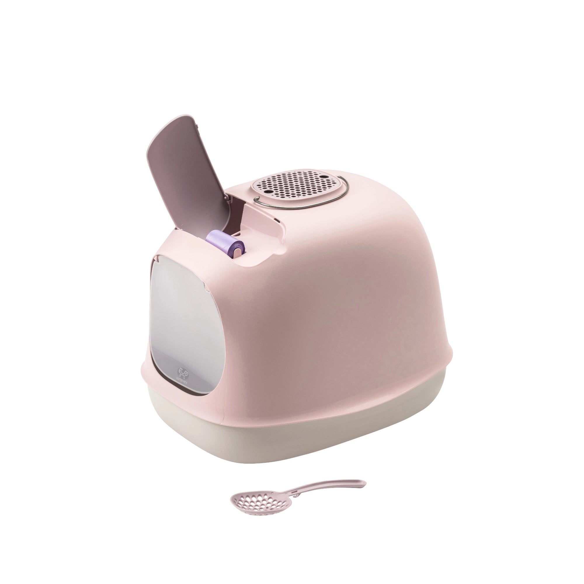 Design-Katzentoilette ‚Minù‘ in Rosa/Grau mit Deckelfach, Schaufel und Kotbeutelrolle – modernes Katzenklo Made in Italy.