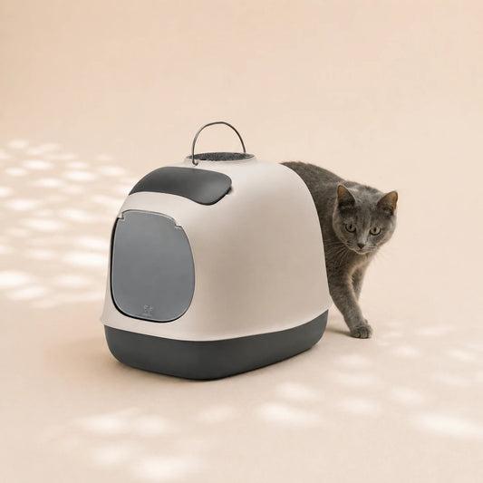 Katze hinter der Design-Katzentoilette ‚Minù‘ – modernes Katzenklo in schwarz/grau mit integriertem Filter.