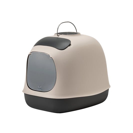 Design-Katzentoilette ‚Minù‘ in Schwarz/Grau mit Deckelfach, Schaufel und Kotbeutelrolle – modernes Katzenklo Made in Italy.“