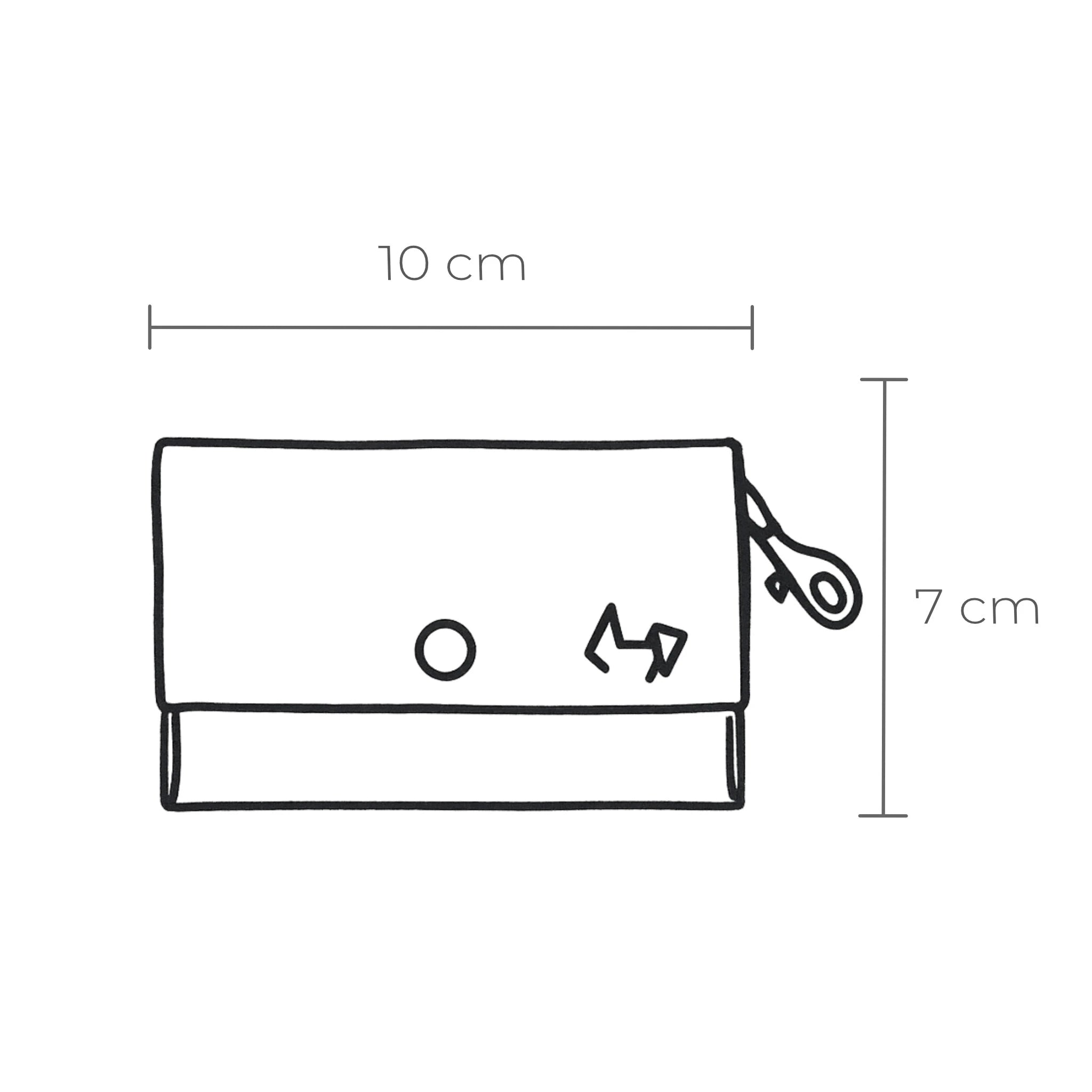 Kotbeutelspender aus Leder mit Abmessungen 10 × 7 × 2 cm.