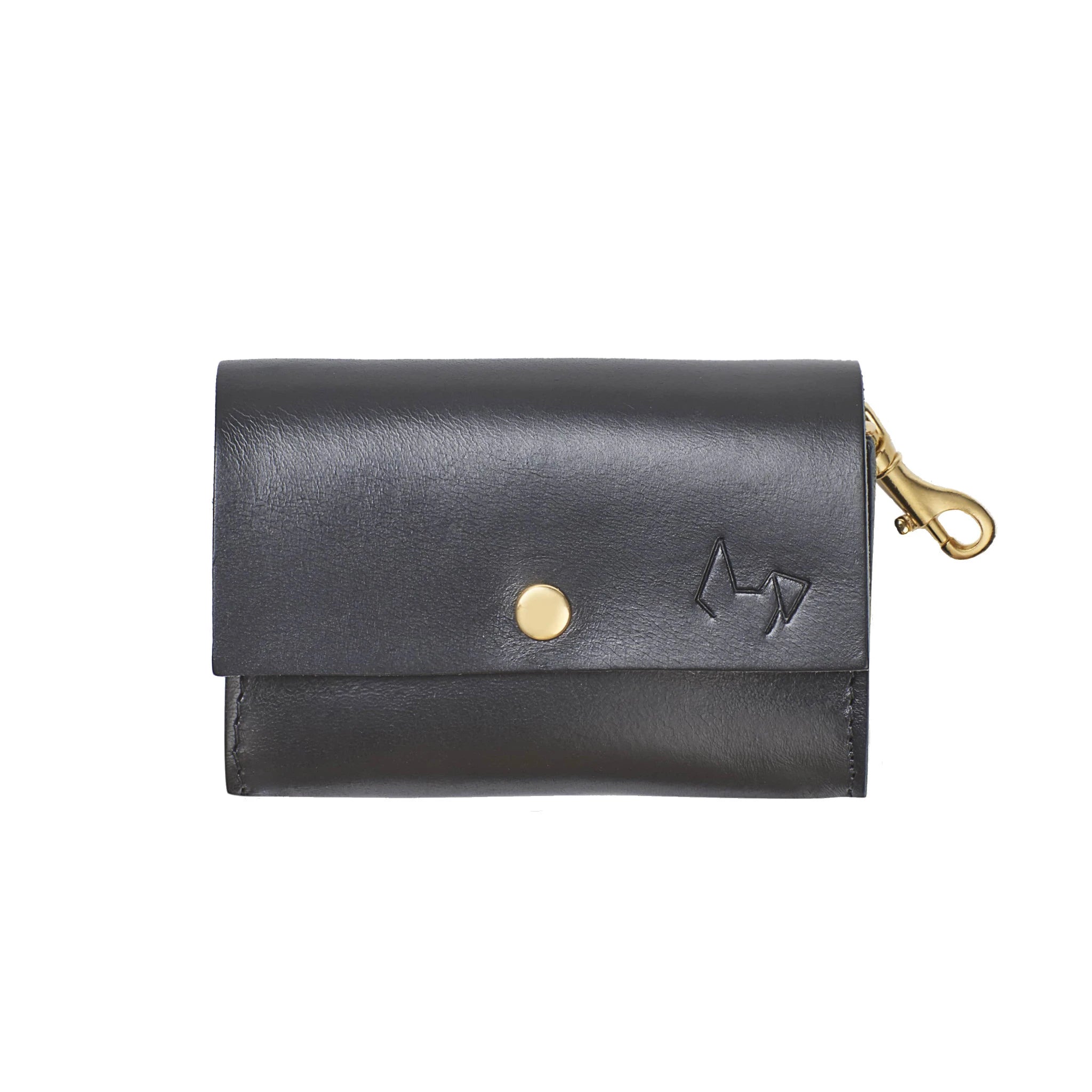 Rückseite des Kotbeutelspender aus Leder in Schwarz – hochwertig, kompakt, mit goldener Hardware