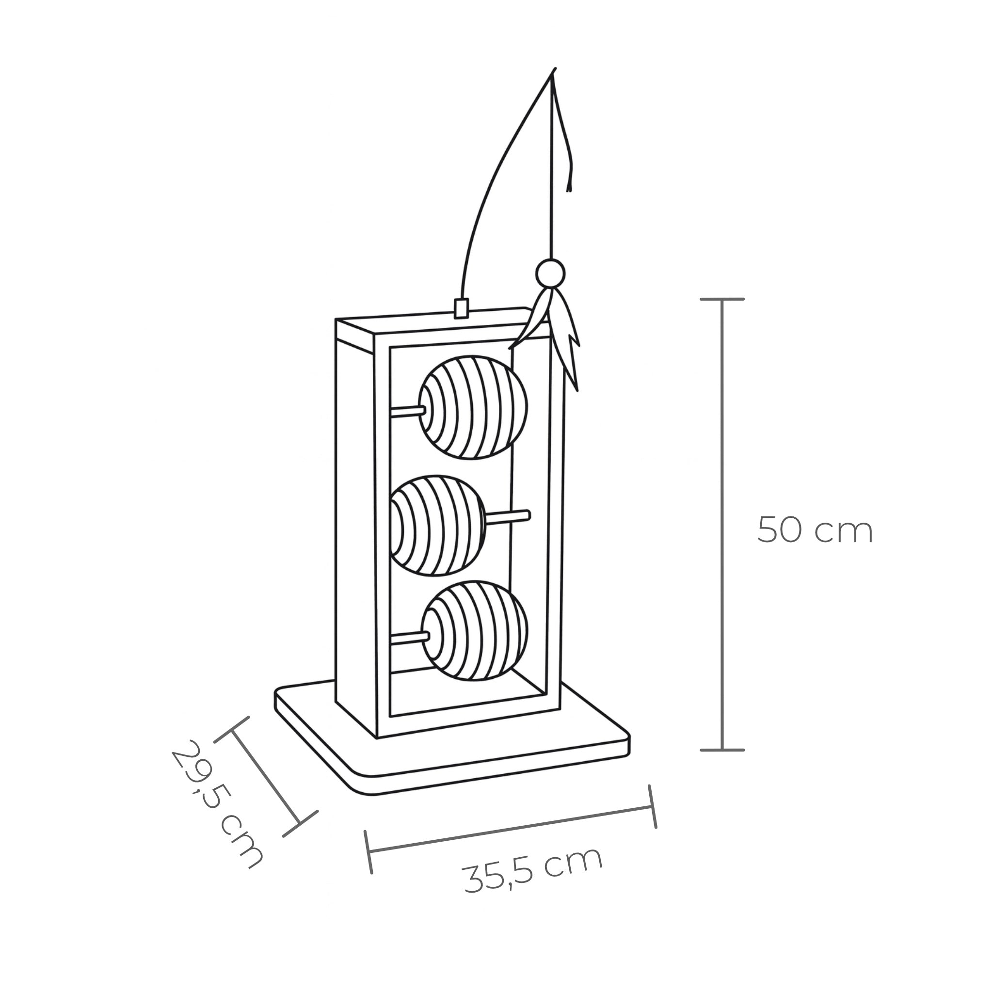 Abmessung des Designed by Lotte Kratzbaums Lomax aus hellem Rubberwood mit drei Kratzkugeln aus Jute, Sisal und Seegras sowie integrierter Katzenangel mit Federn – stilvolles, funktionales Kratzmöbel für Katzen.