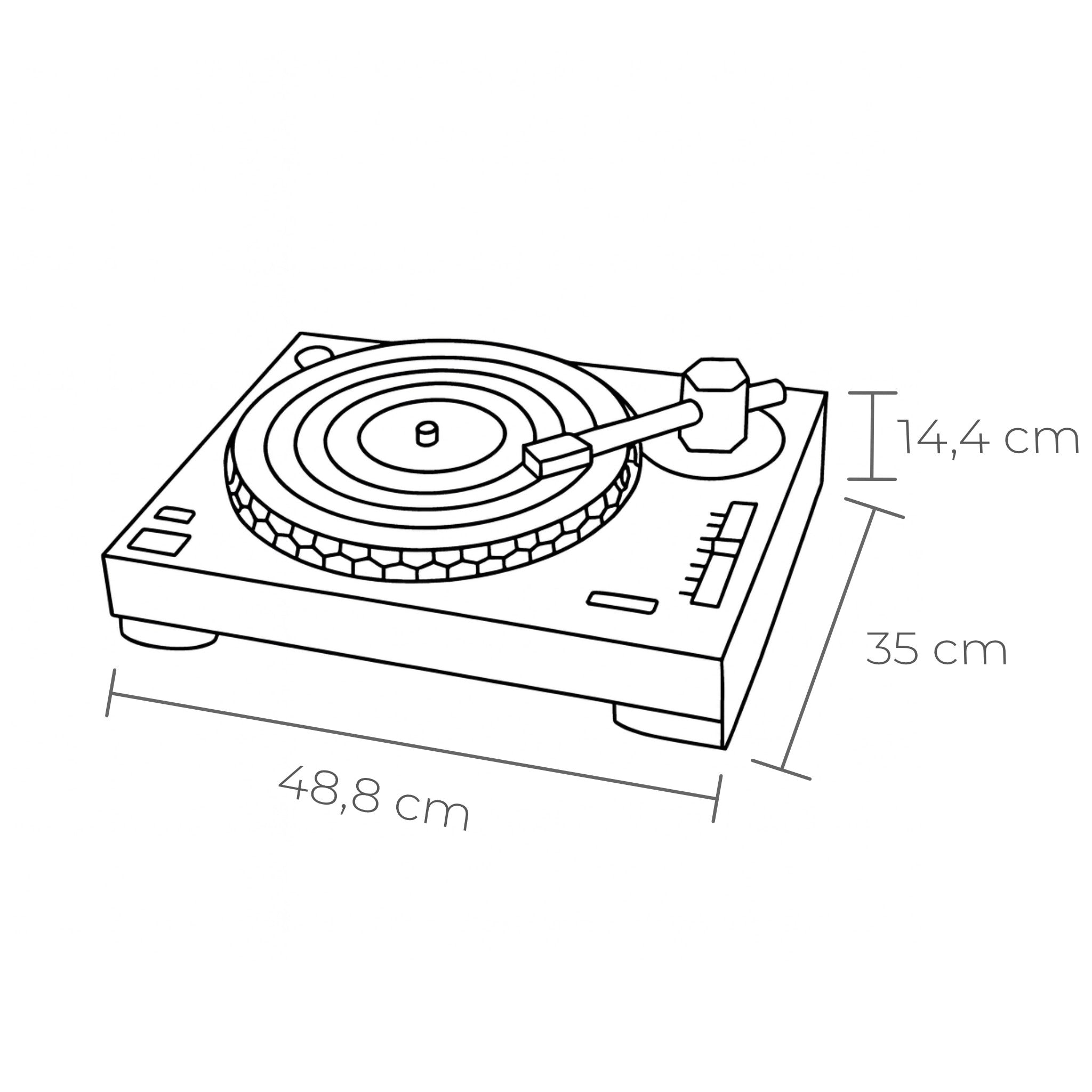 Abmessungen Kratzbrett für Katzen im DJ-Plattenspieler-Design mit drehbarer Kratzfläche aus Wellpappe und beweglichem Tonarm.
