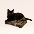 Bild in Galerie-Betrachter laden, Katze sitzt auf Kratzbrett für Katzen im DJ-Plattenspieler-Design mit drehbarer Kratzfläche aus Wellpappe und beweglichem Tonarm.
