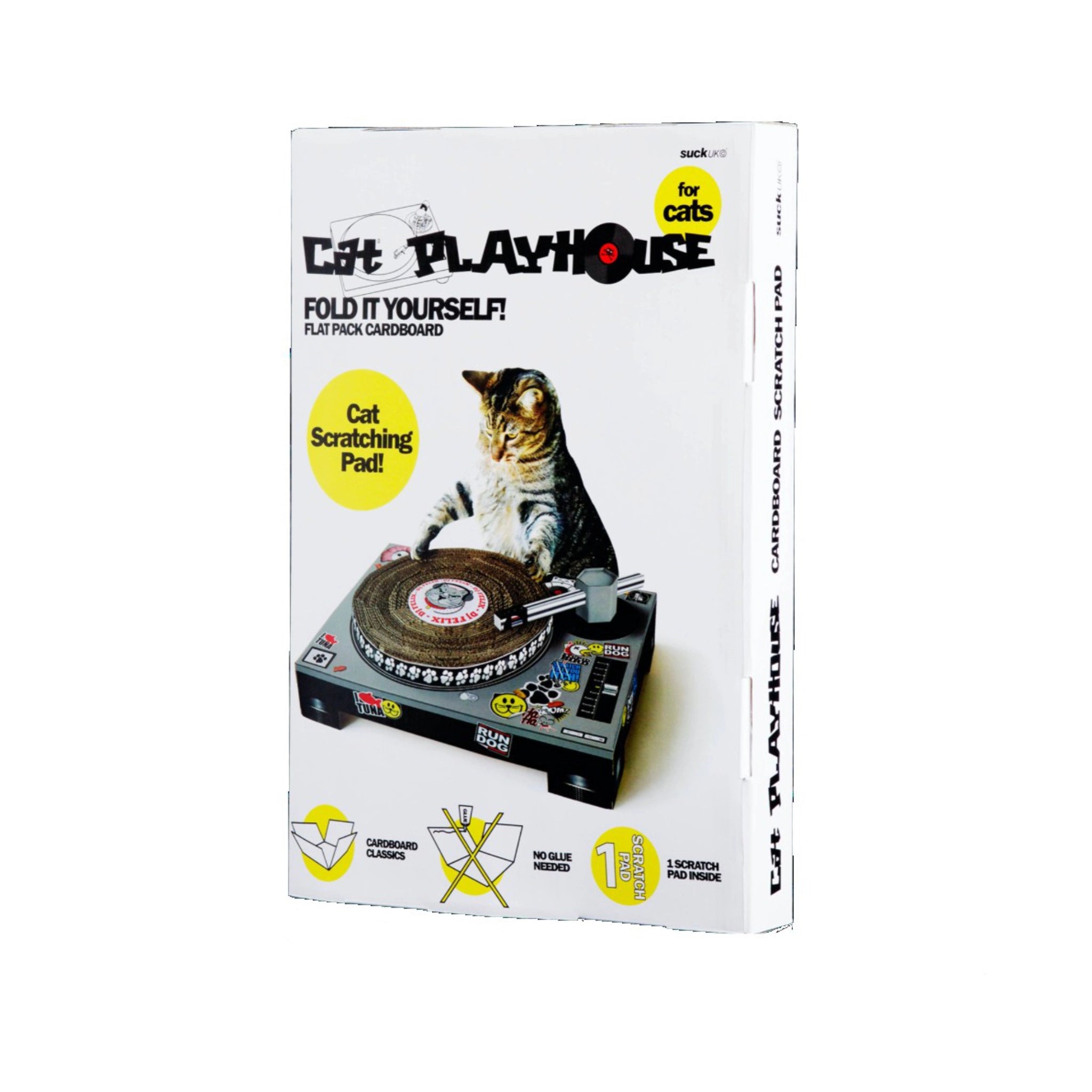 Verpackung Kratzbrett für Katzen im DJ-Plattenspieler-Design mit drehbarer Kratzfläche aus Wellpappe und beweglichem Tonarm.