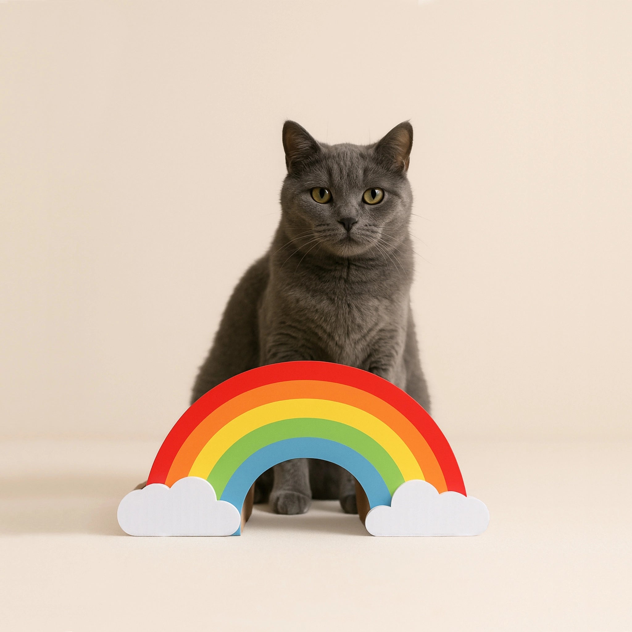 Katze sitzt hinter dem Kratzbrett ‚Regenbogen‘ aus robuster Wellpappe – fröhliches und langlebiges Katzenspielzeug.