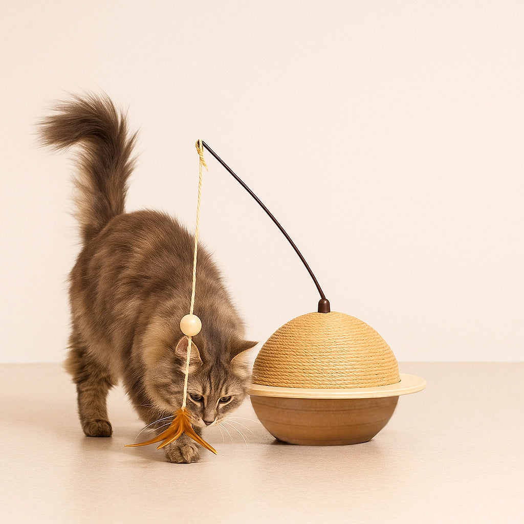 Katze spielt mit Designed by Lotte Kratzball Wiggly aus Gummiholz mit Juteseil und Spielangel mit Federn – hochwertiges, natürliches Kratzspielzeug für Katzen.