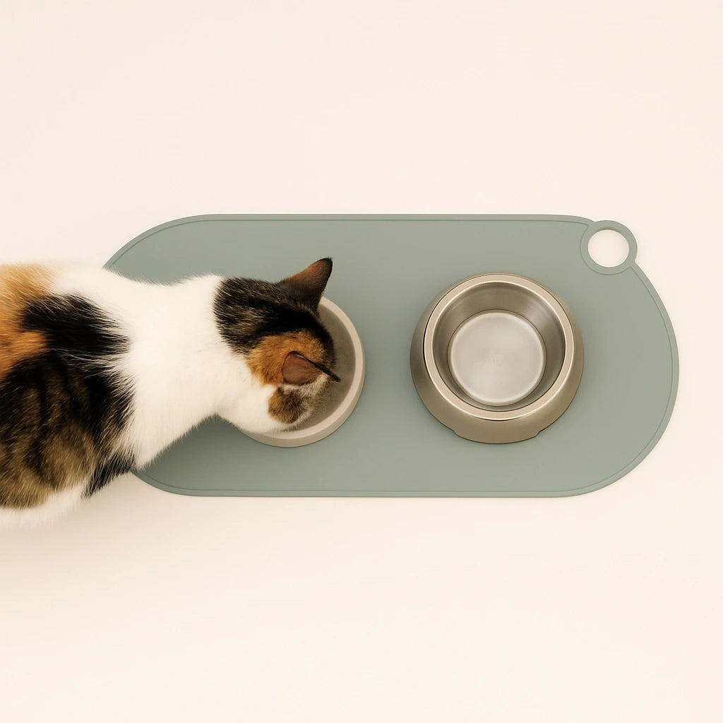 Katze frisst auf rutschfester Silikon-Unterlage – Schutz für den Boden.