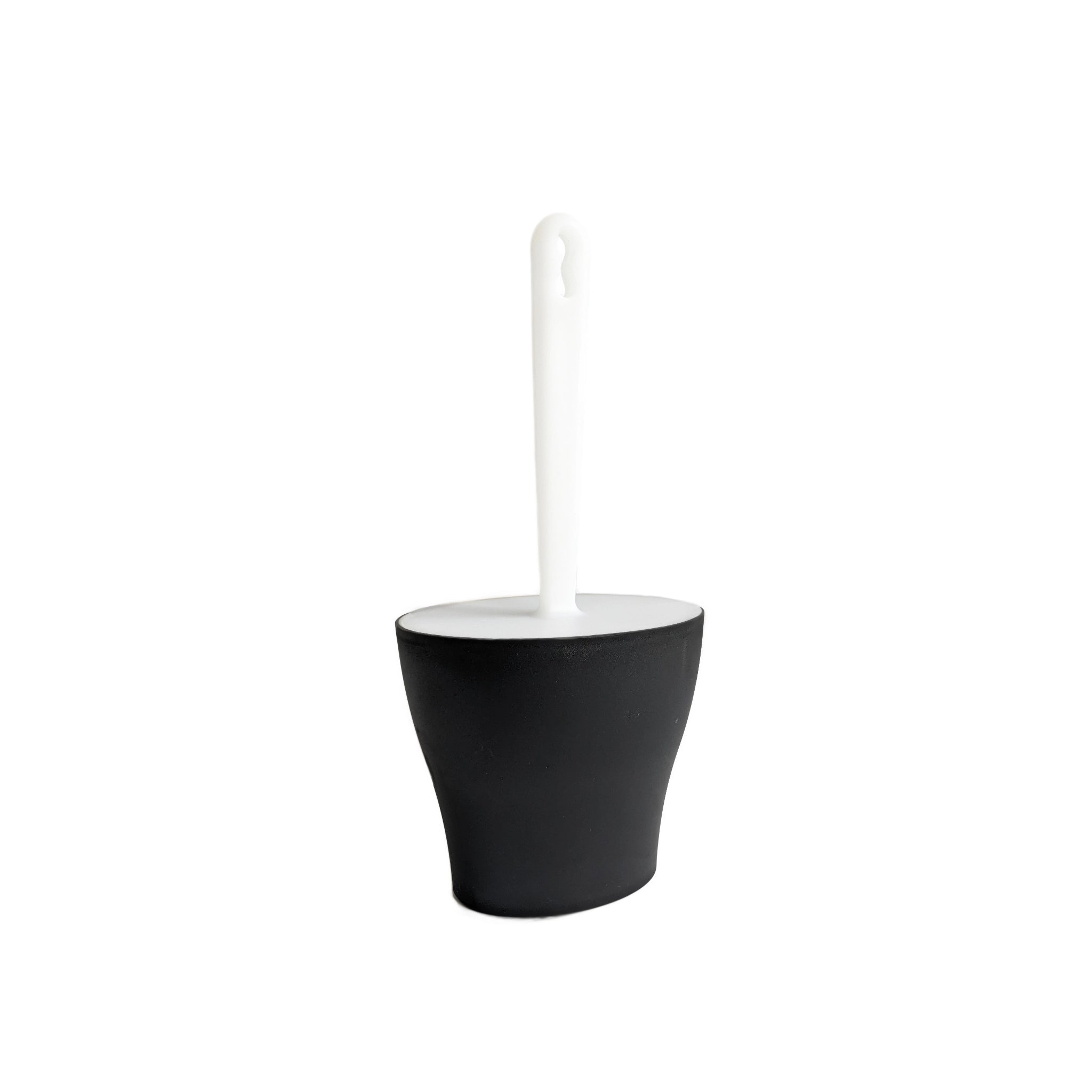 Design-Katzenklo-Schaufel in Schwarz von vorne mit passendem Halter – hochwertig gefertigt in Italien.