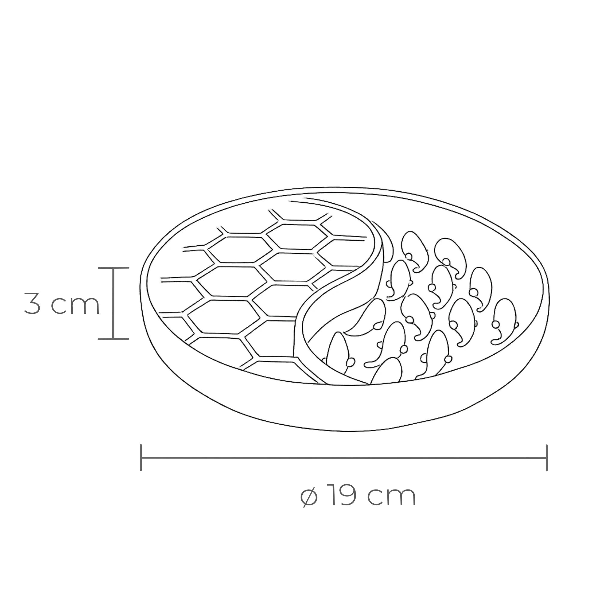 Abmessunen Schleckmatte Silikon – Ø 19 cm, Höhe 3 cm.