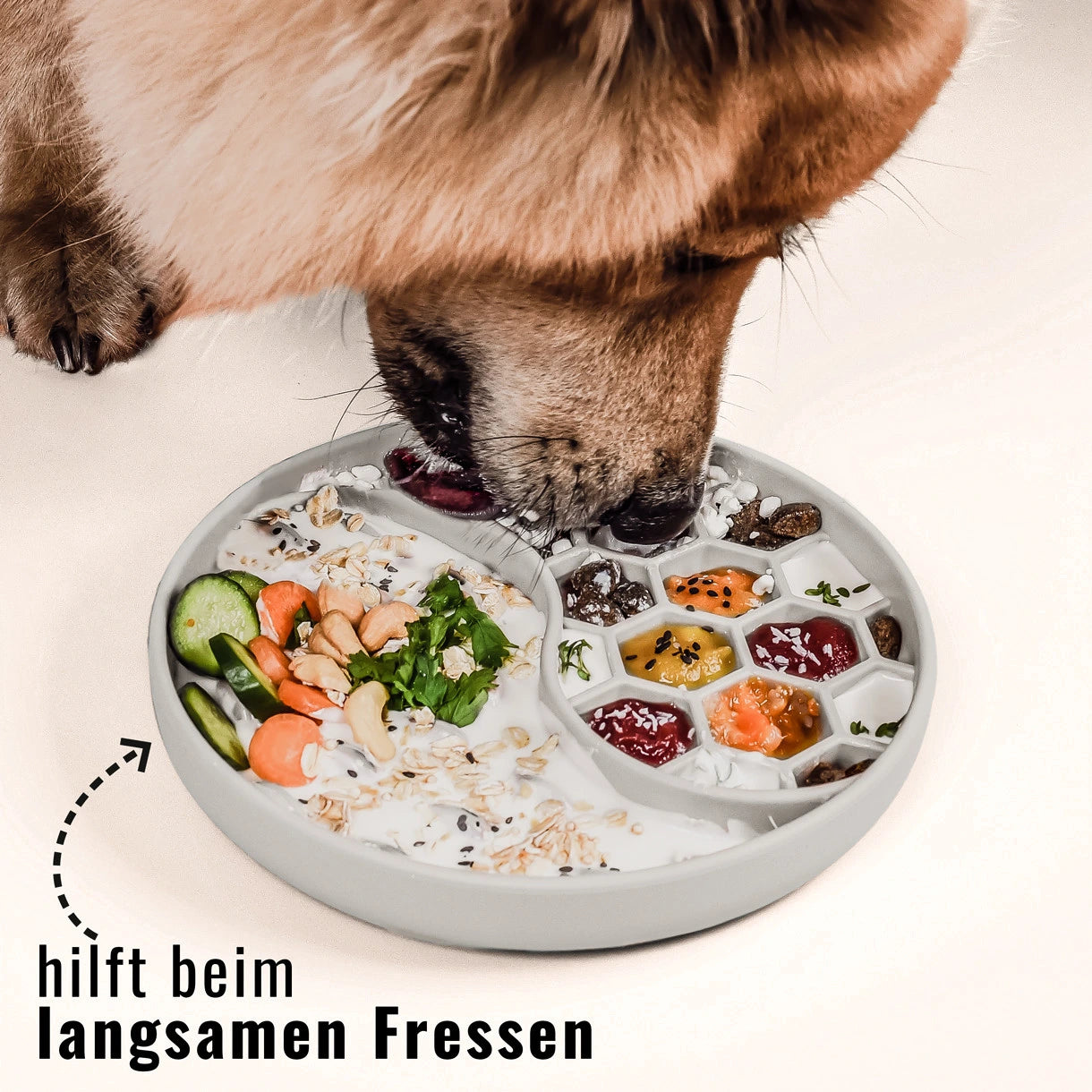 Schleckmatte aus Silikon – Anti-Schling-Design, rutschfest & gefriergeeignet. Hilft beim langsamen Fressen.