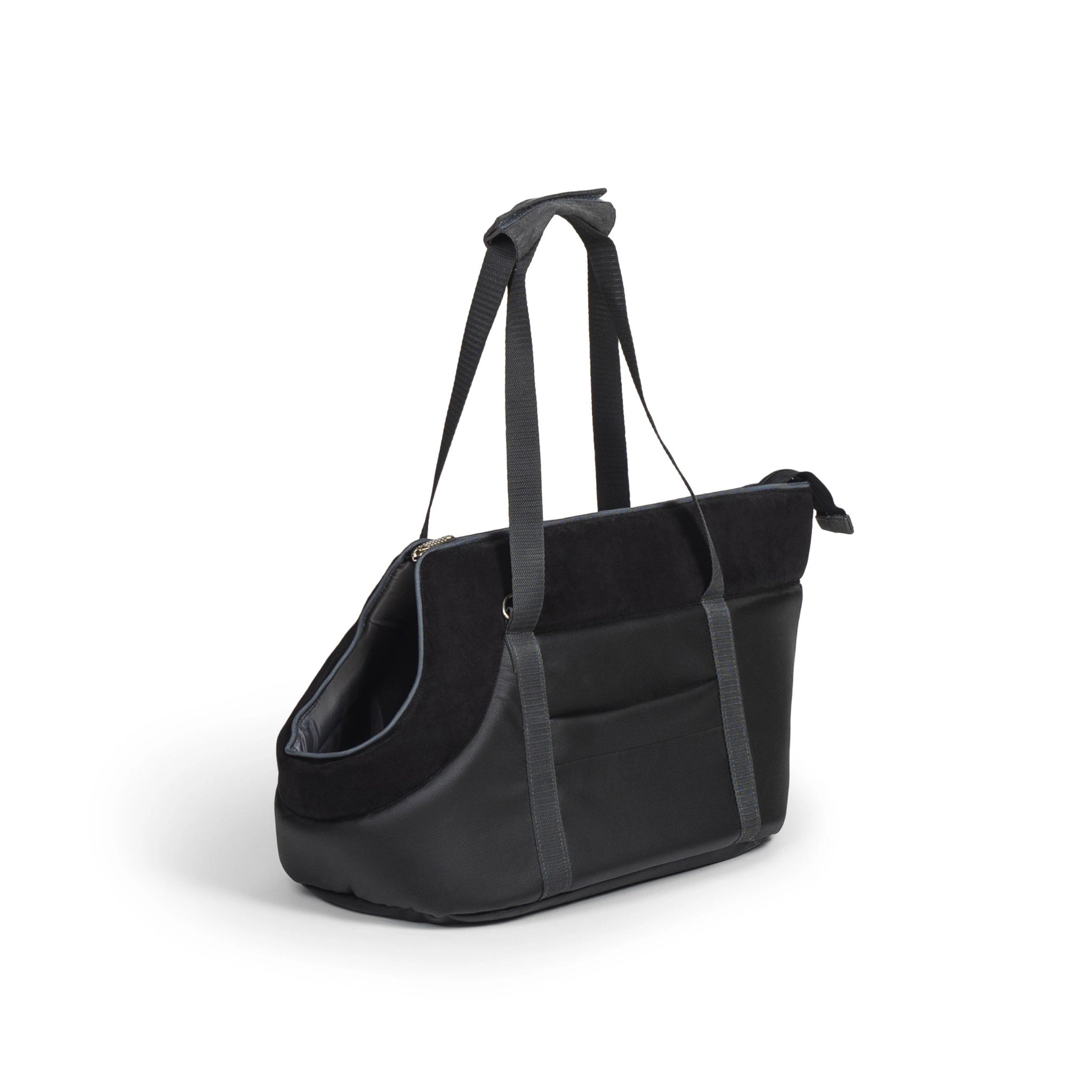 Tragetasche für kleine Hunde und Katzen aus schwarzem Öko-Nubukleder – Rückansicht.