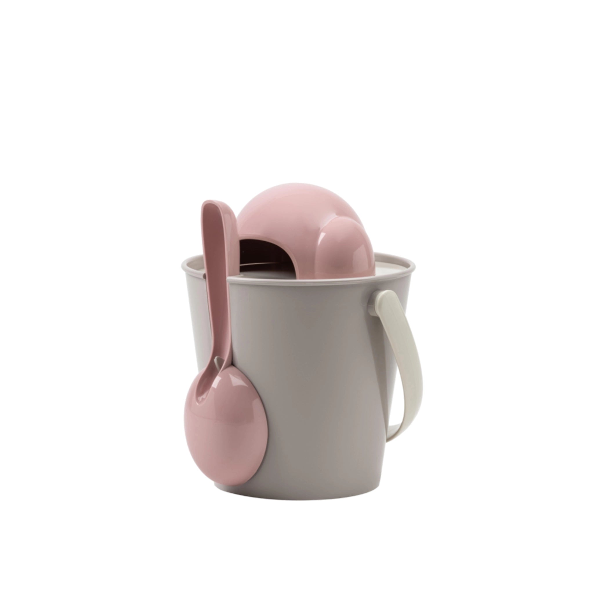 Rückansicht des rosa  Trockenfutterbehälters und Löffel – hochwertig & Made in Italy.