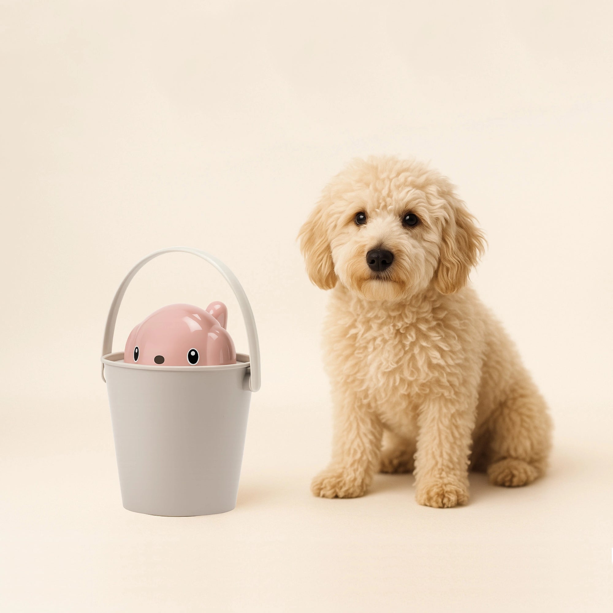 Hund neben dem Trockenfutterbehälter ‚Dog‘ in Hellgrau – luftdichte & charmante Futteraufbewahrung.